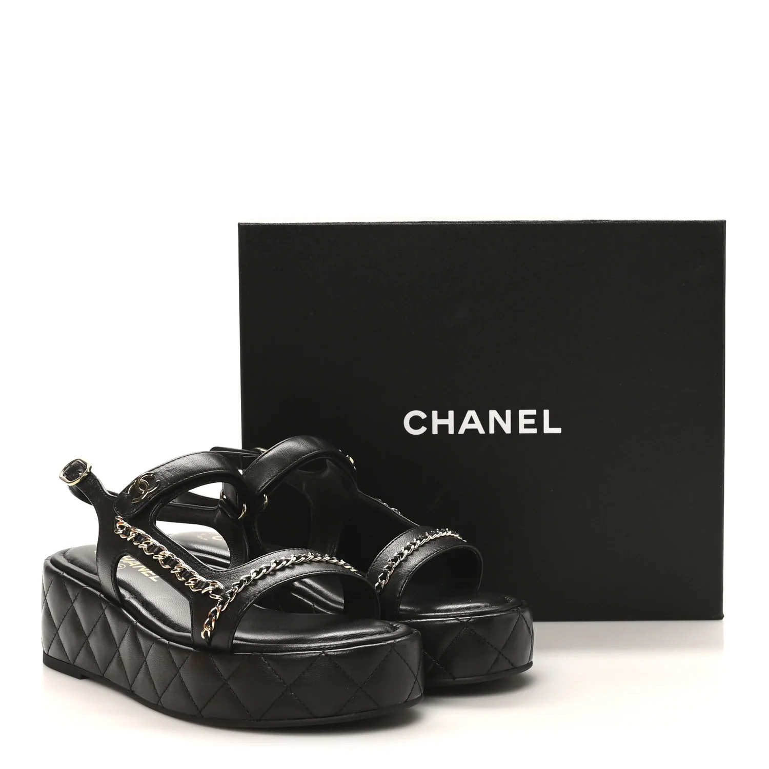 Lambskin Quilted Chain CC Platform Sandals 39.5 Black