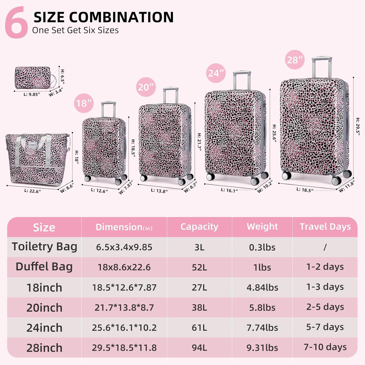 Ensemble de 6 valises, ensemble de valises rigides extensibles avec roulettes multidirectionnelles, ensemble de bagages à roulettes légers