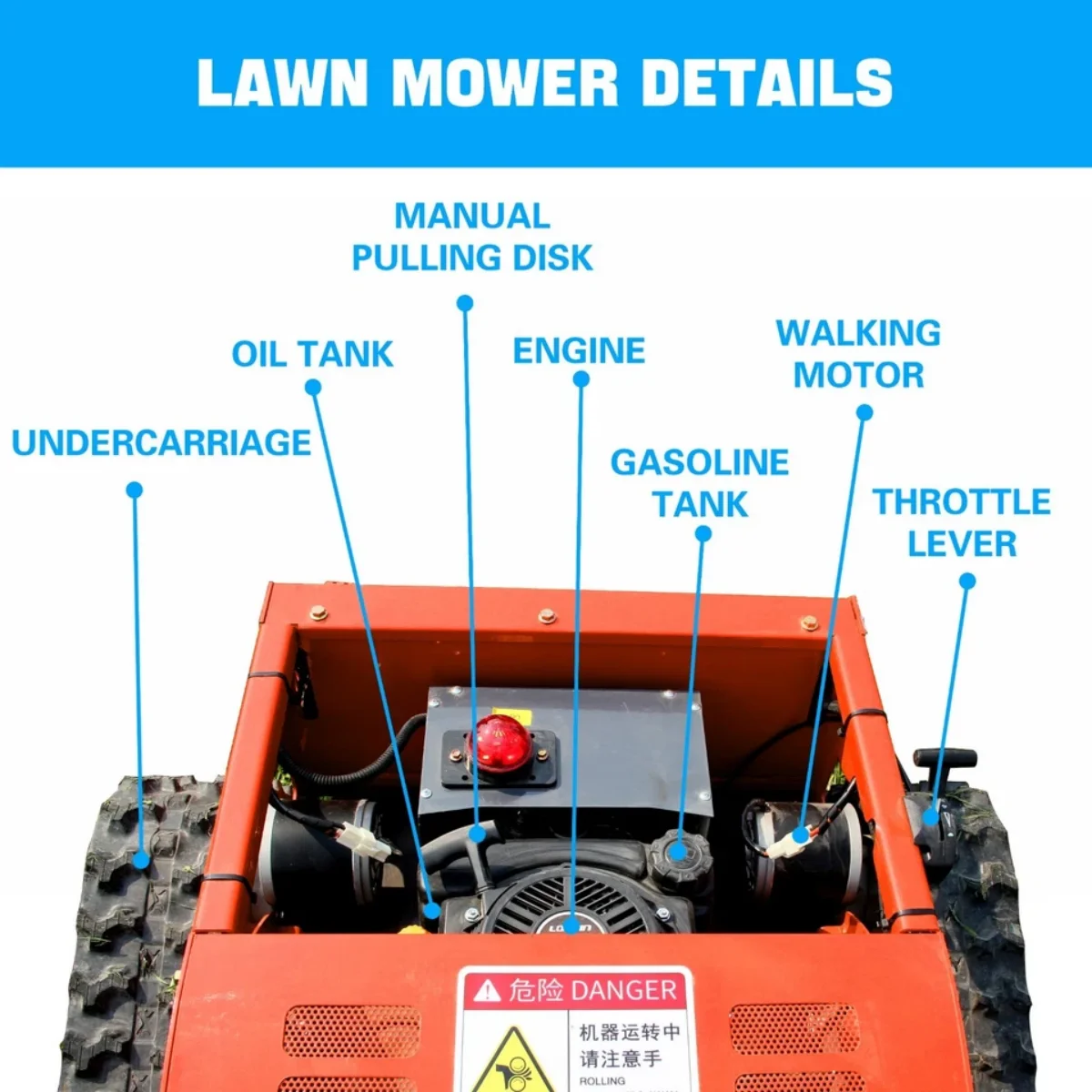 300 lbs 9 HP Orange Remote Control Lawn, Mower Manganese Steel Blade, Adjustable Cutting Height, Speed, All Terrain Cordless Grass Cutter - Image 3