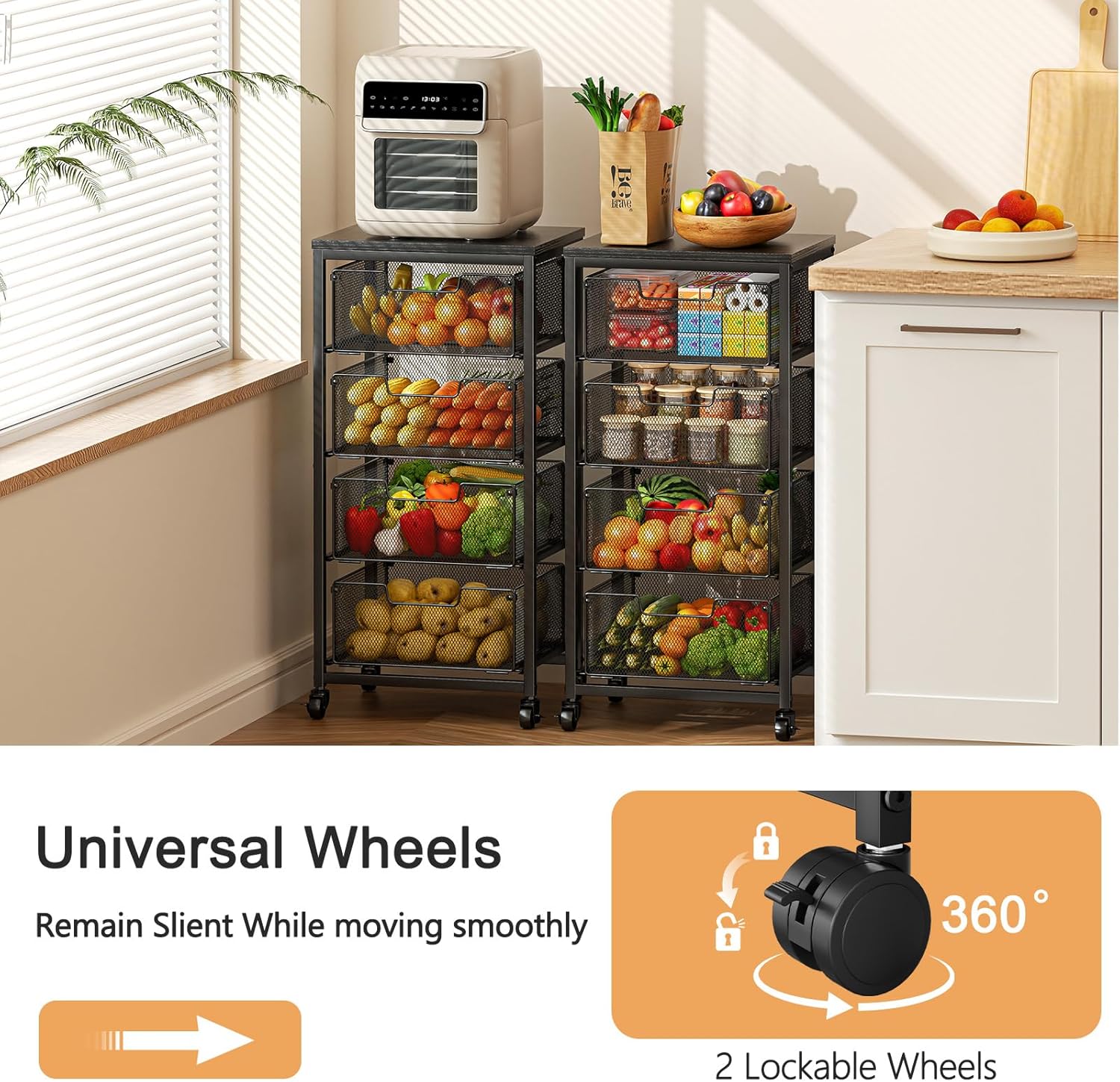 4-Tier Fruit Vegetable Storage Cart - Kitchen Organizer and Storage Cart with Wheels, Wooden Top Metal Wire Fruit Vegetable Rack Stand with Drawers for Storing Cans and Snacks for Kitchen (Patent Pending)