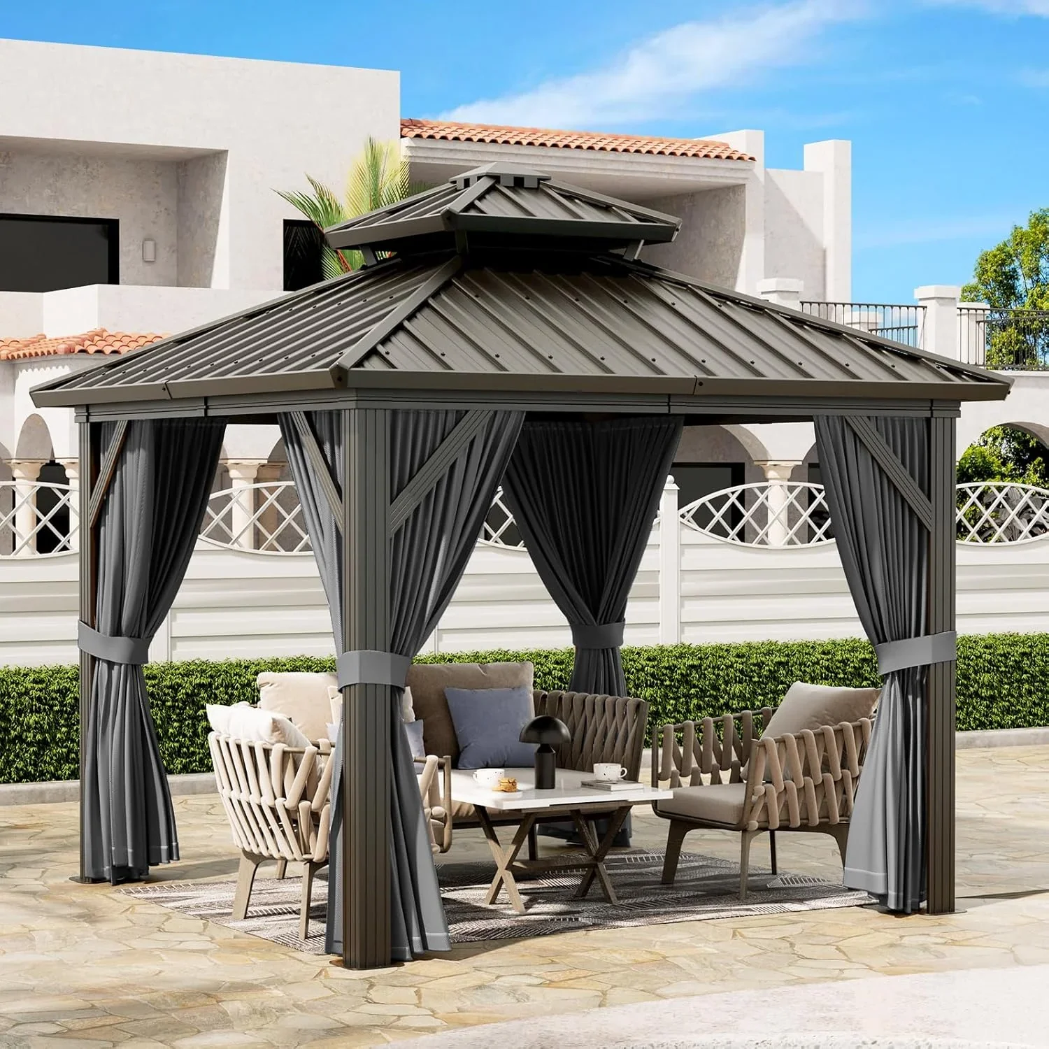 Twister.CK 10x10ft Gazebo, Hardtop Double Roof Canopy with Netting and Curtains, Outdoor Galvanized Iron Aluminum Frame Garden Tent for Patio, Backyard, Deck, Lawns, Gray