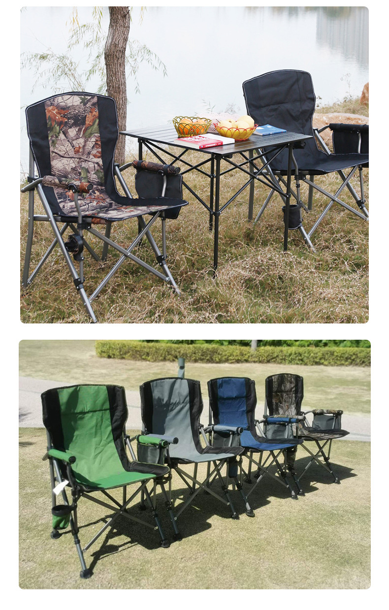 Easy Folding High-Back Portable Camping Chair Sturdy Steel Frame with Cup Holder Metal Garden Chair