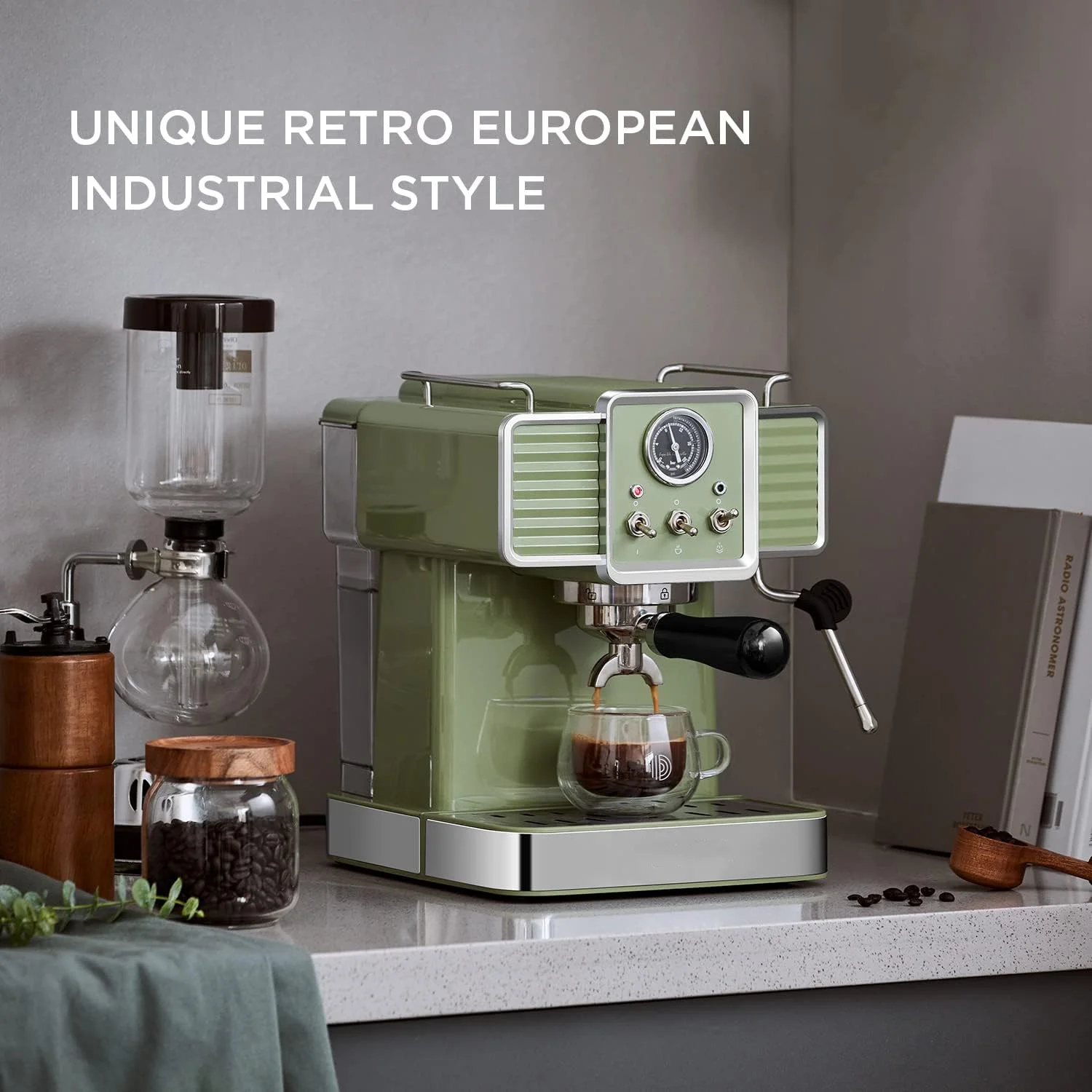 Espresso Coffee Machine 15 Bar with Milk Frother Steam Wand, 1350W Professional Coffee Maker, 54 oz Removable Water Tank Espresso Maker Cappuccino, Latte, Machiato, Green, for Home Barista