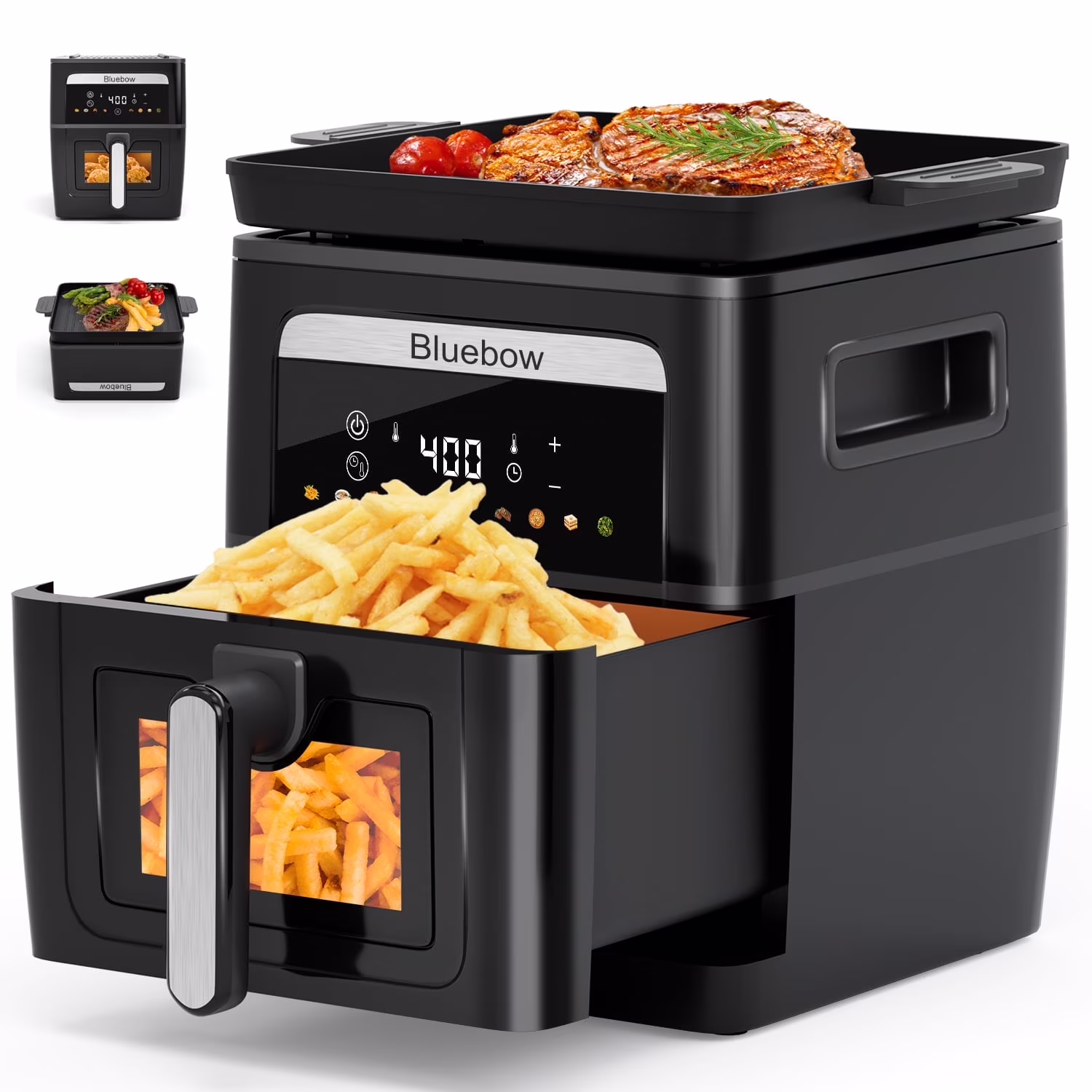 Bluebow 9QT Air Fryer & Grill Pan Combo, Large Capacity, 8 Preset Functions, Non Toxic, Non - Stick, View Window, Black