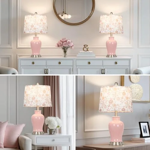 Modern Ceramic Table Lamps Set of 2, 23" White Ceramic Lamps for Living Room, Rustic Farmhouse Bedside Lamp with Ginger Jar Design, Elegant Bedroom Lamp for Nightstand Desk Side End Table Home Decor(Pink-Flower Lampshade) - Image 9