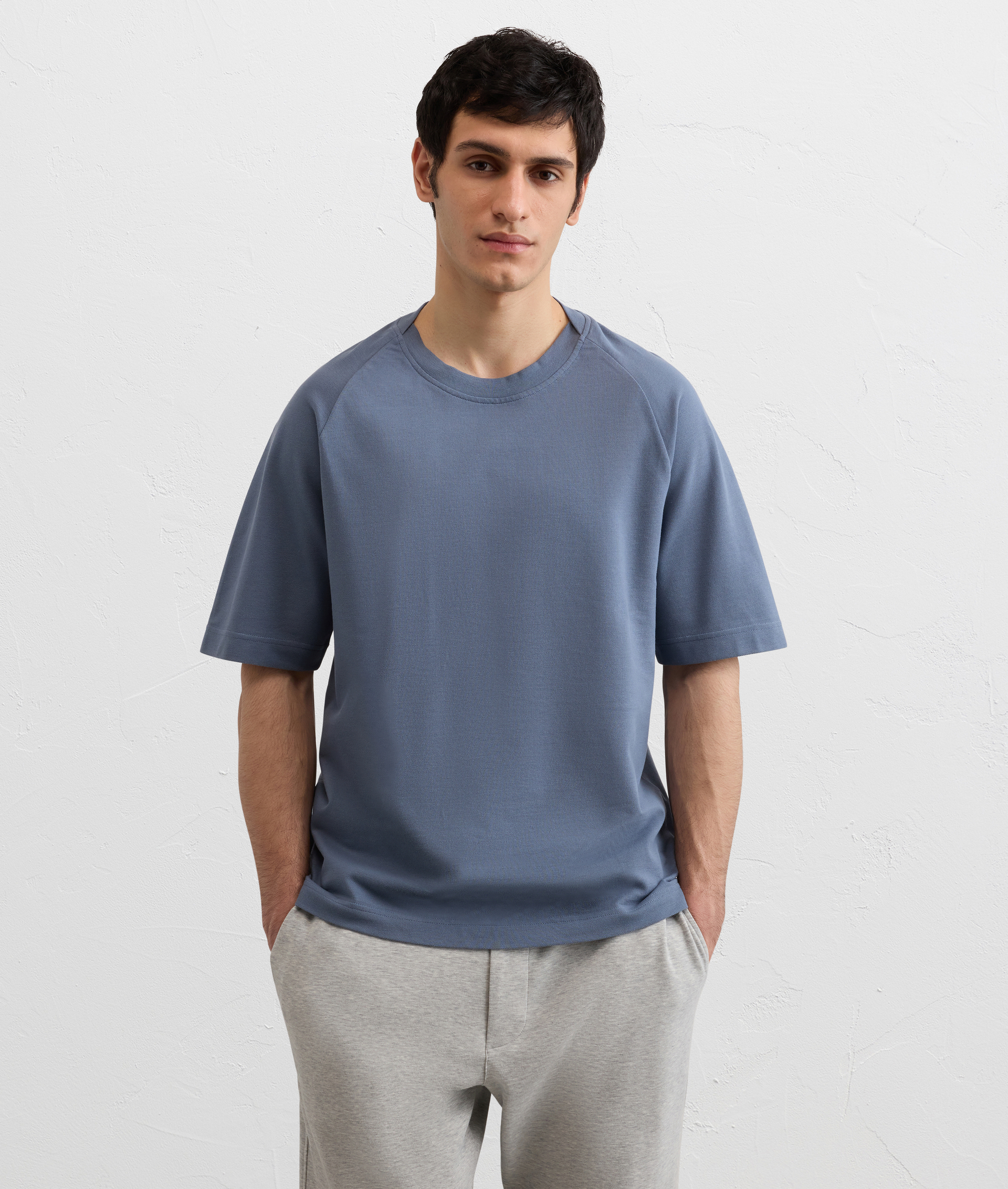LIGHT BLUE DOUBLE FACE COTTON JERSEY T SHIRT WITH SHORT RAGLAN SLEEVES