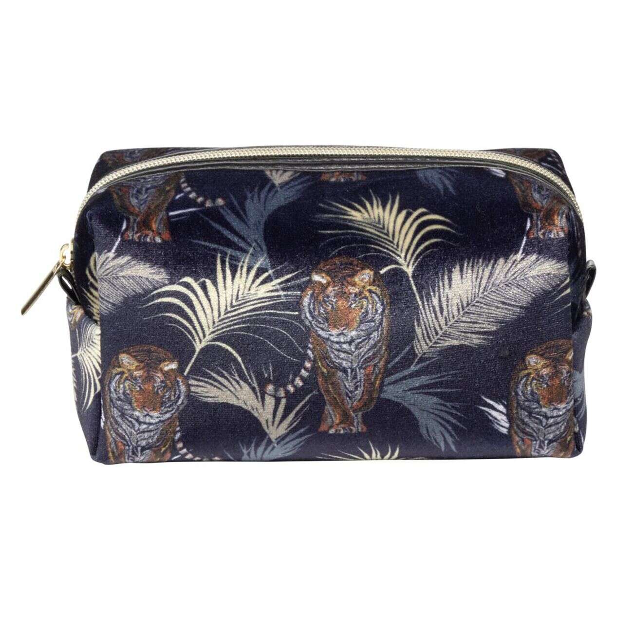 Trousse de toilette bleu marine motif exotique feuillages et tigres 12x10xH9cm