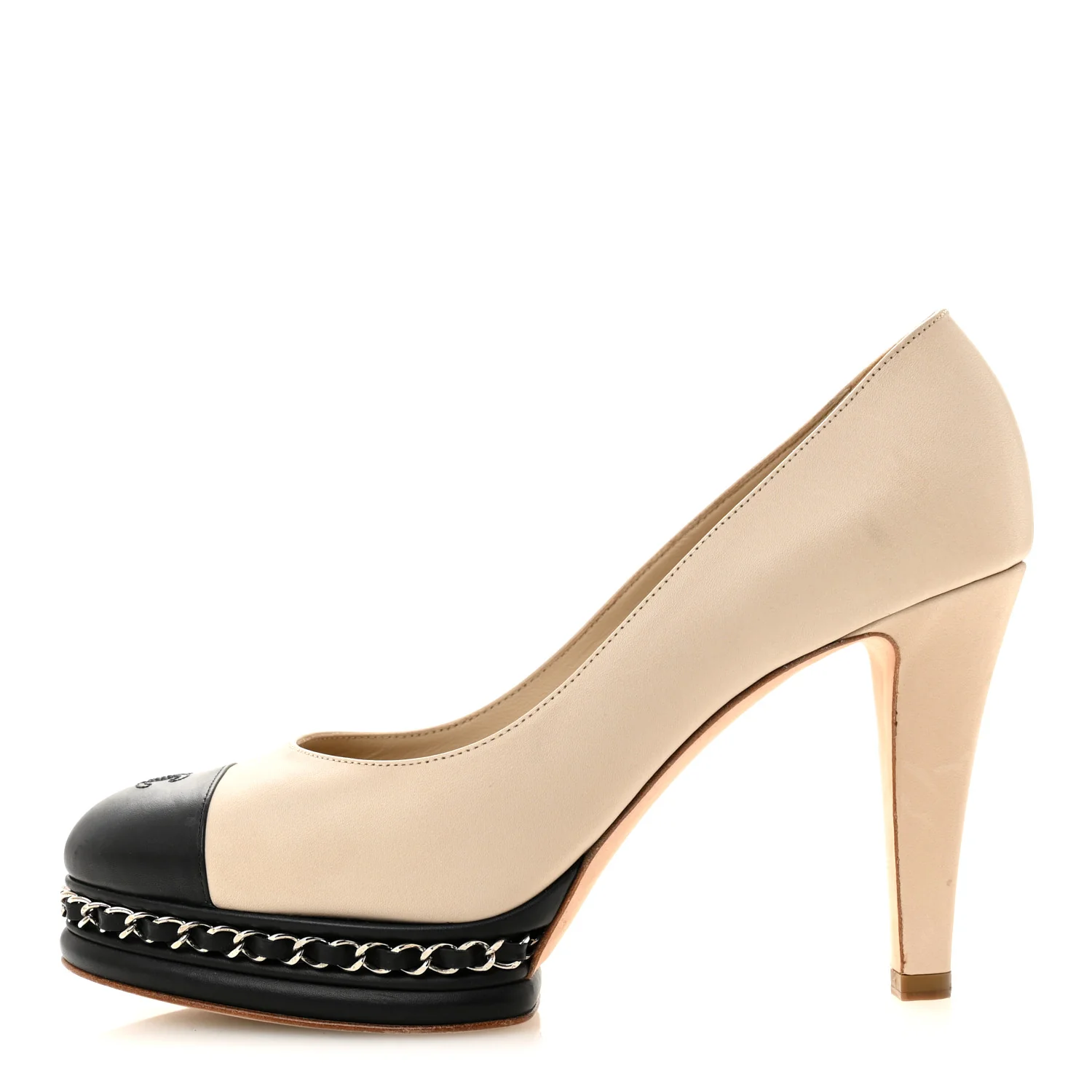Calfskin CC Cap Toe Platform Chain Pumps 39 Beige Black