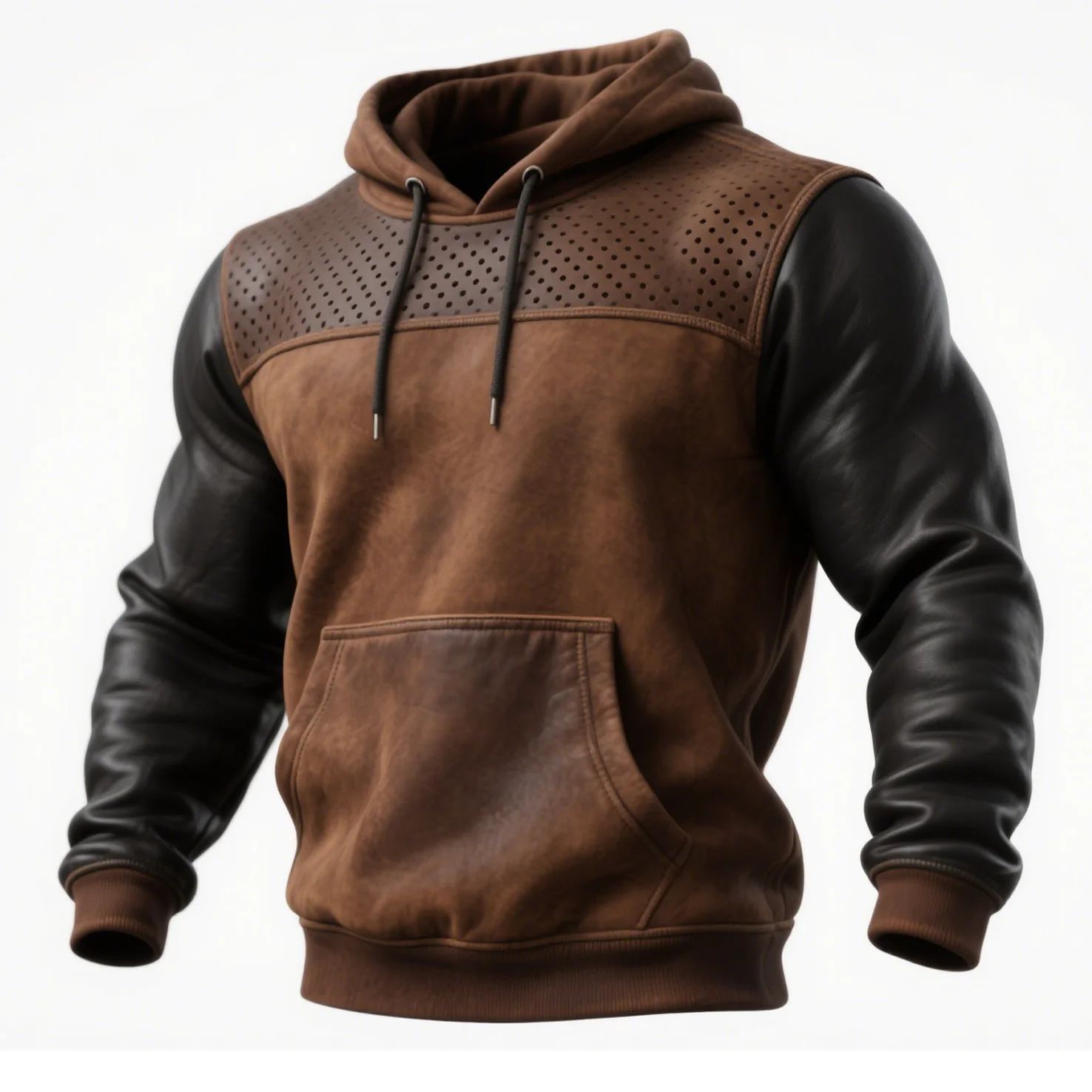 Pull à Capuche en Cuir Marron avec Détails Perforés