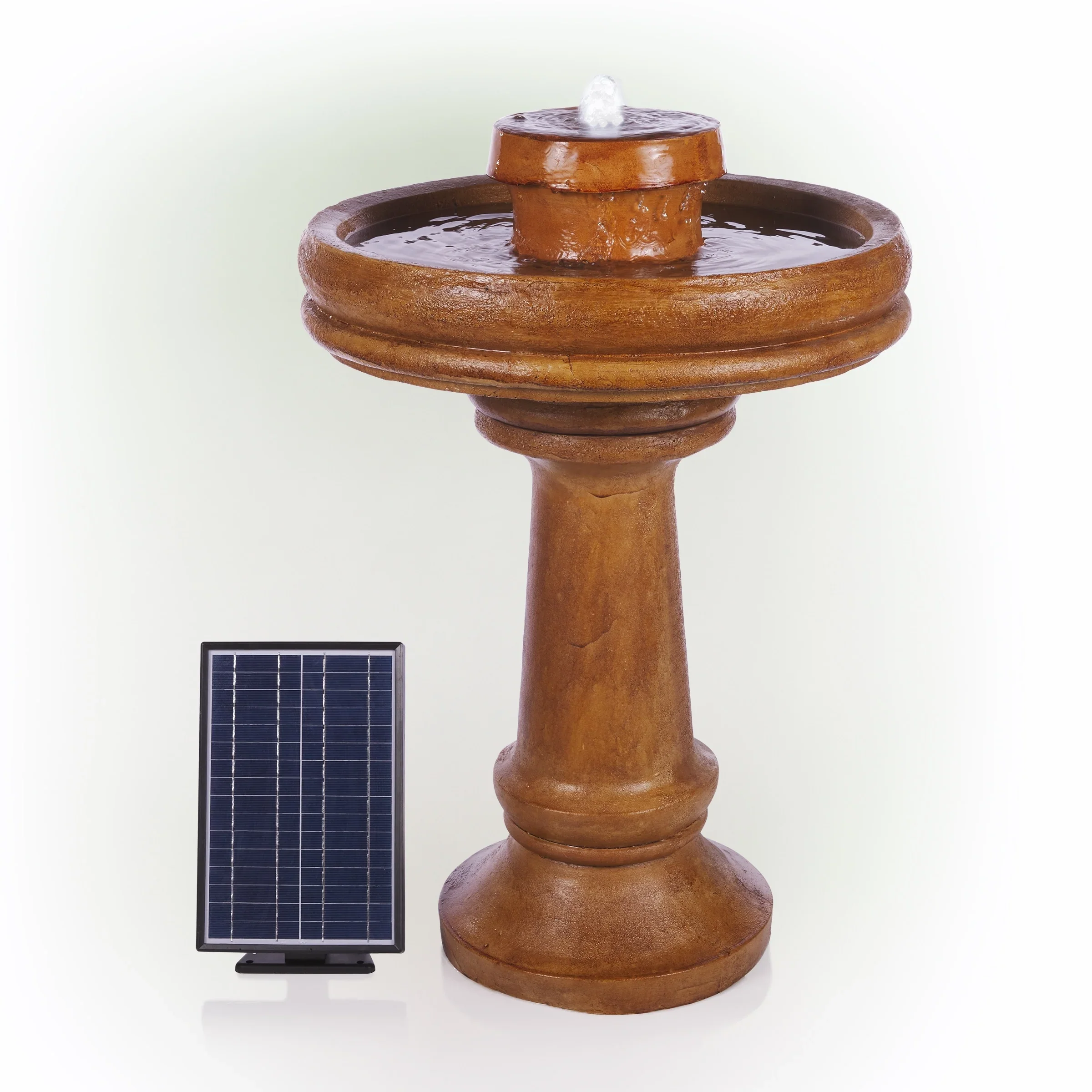 Alpine Corporation  29 Outdoor Birdbath Fountain with LED Lights  Classic Pedestal Solar-Powered Garden Water Feature, Brown