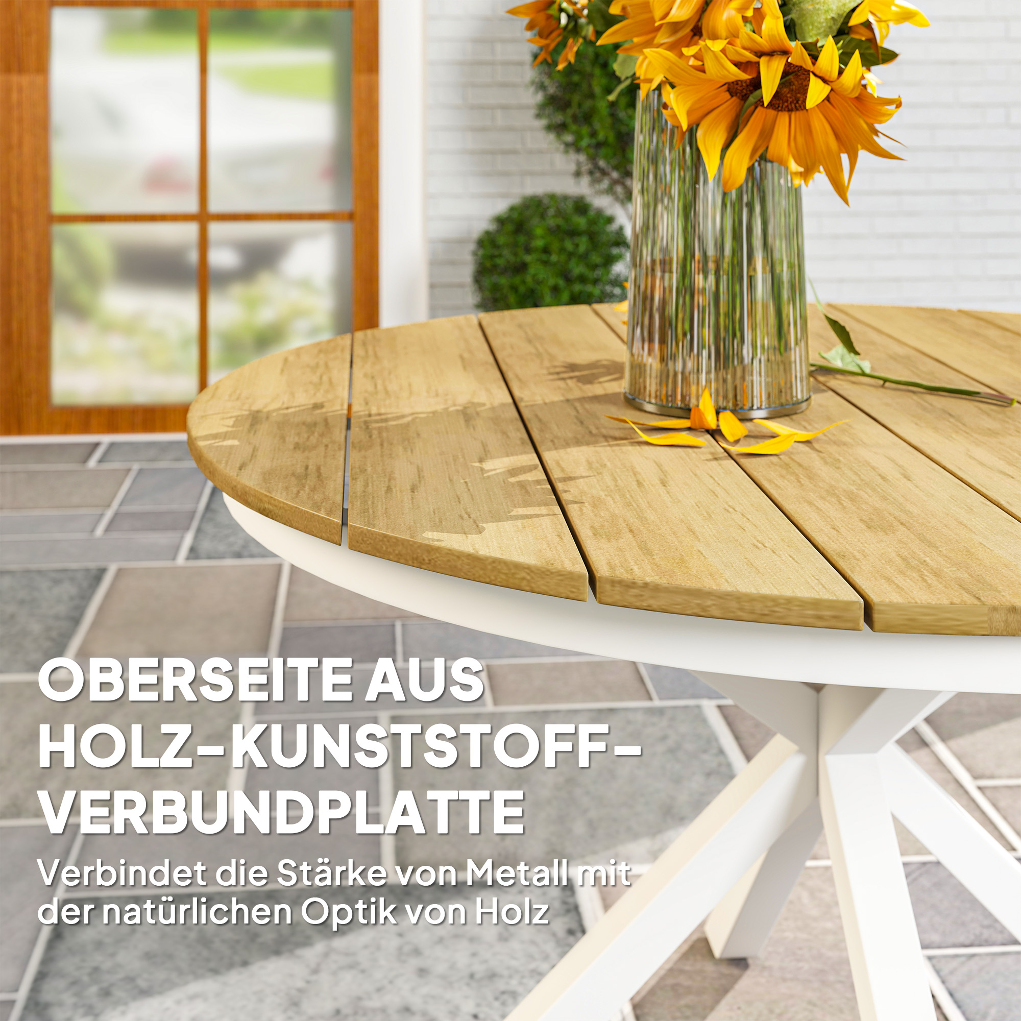 Outsunny Tuintafel Ø118cm, Weerbestendig Balkontafel uit Aluminium, Bijzettafel met Kruispoten Latontwerp Teak