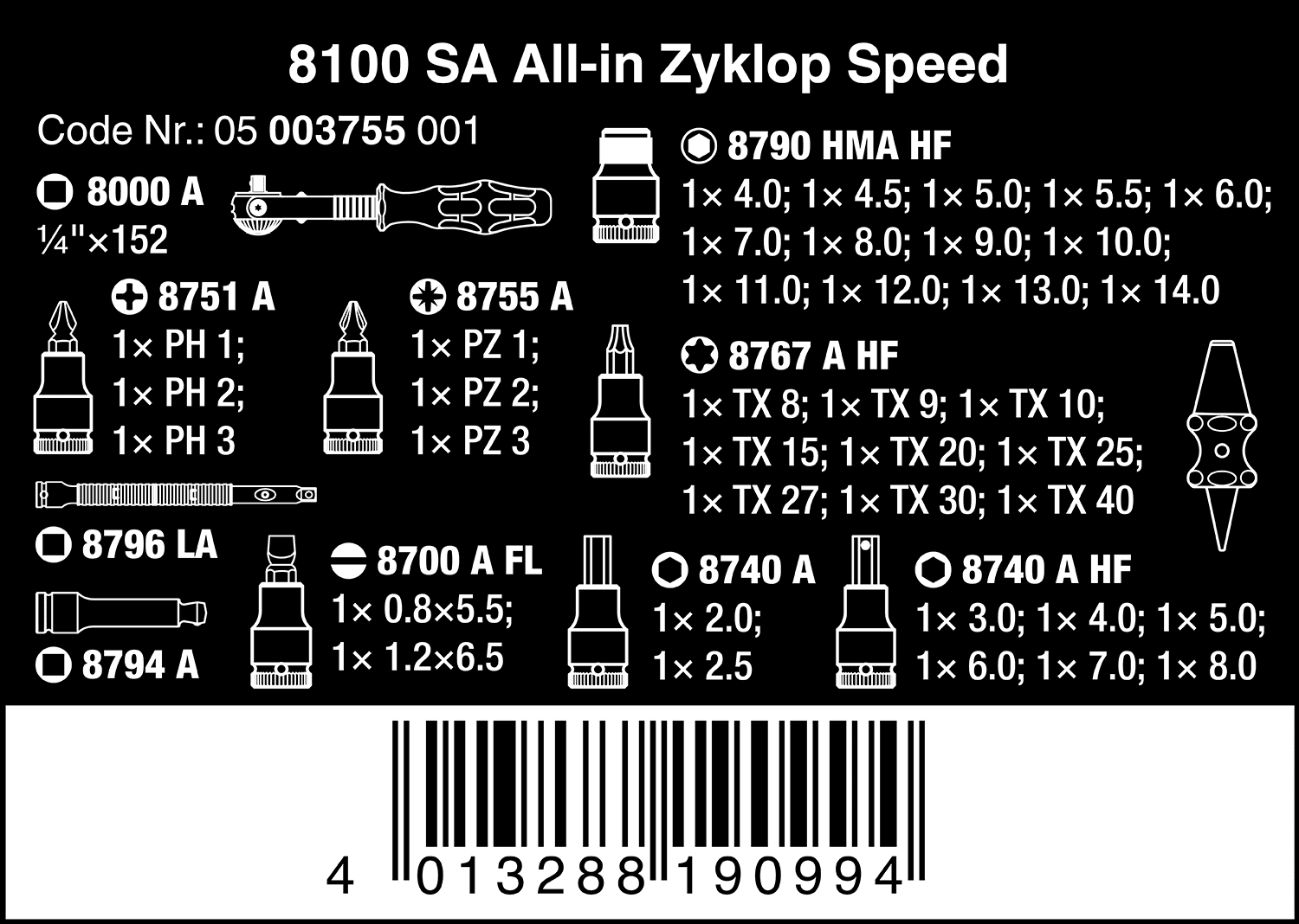 Wera 003755 8100 SA All-in Zyklop Speed Ratchet Set, 1/4 Drive with Holding Function - Metric