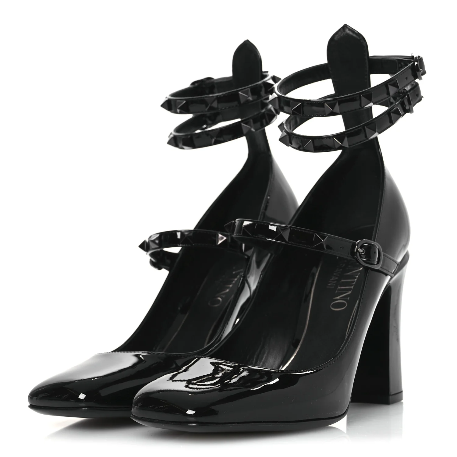 Patent Monochrome Rockstud Tan-Go Ankle Strap Pumps 37 Black