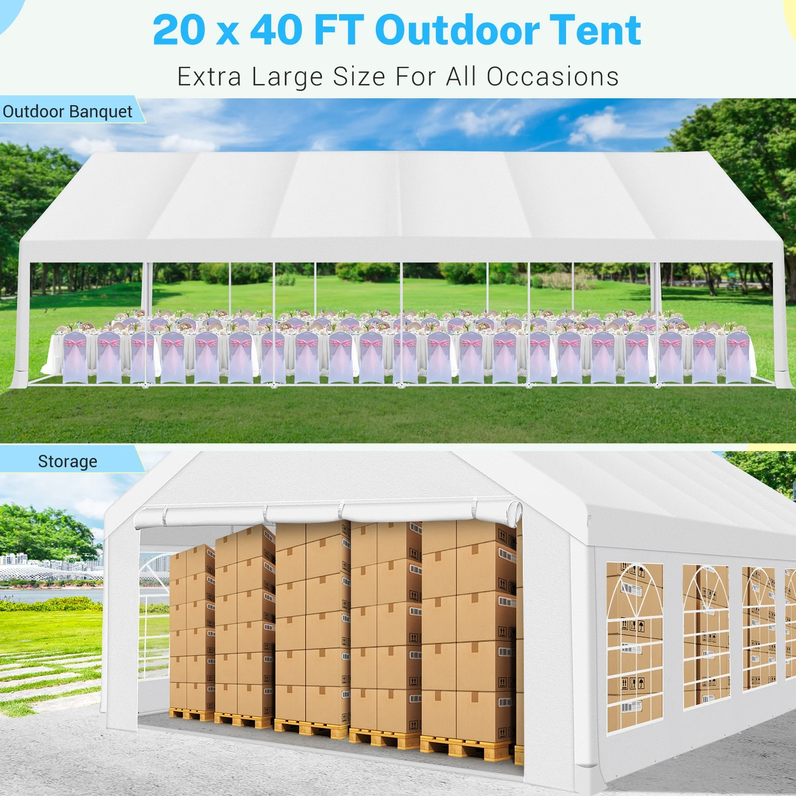20'x 40' Large Heavy Duty Outdoor Canopy Party Tent Carport, Upgraded Wedding Event Shelter Gazebo with 8 Removable Sidewalls, Big Tent for Birthday Party, Outdoor Event, Wedding, White(20 x 40/White(WIth a six-month warranty)) - Image 8