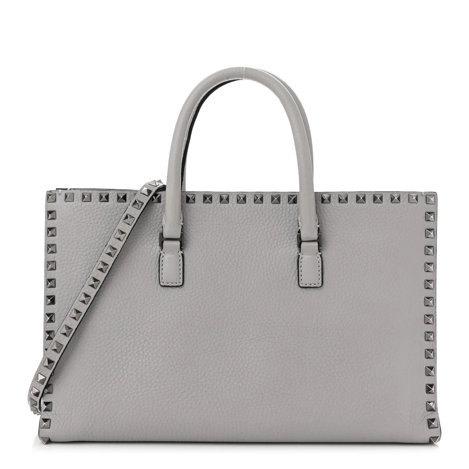 Grained Calfskin Medium Rockstud Double Handle Horizontal Tote Pastel Grey