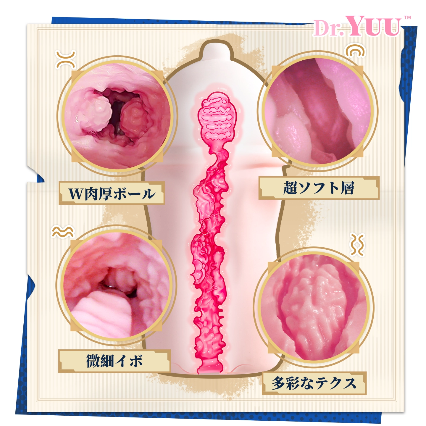 W内部ボールと多彩なテクスチャを示すDr.YUUリアル乳感ボトル内部構造画像。