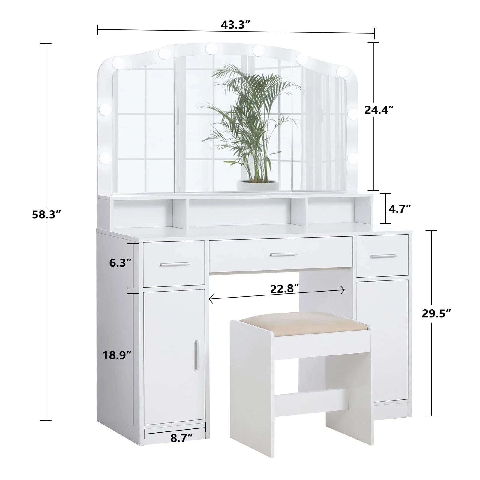 USIKEY Large Vanity Set with Large Lighted Mirror, Modern Makeup Vanity Table with 3 Drawers, 2 Storage Cabinets 10 LED Bulbs and Cushioned Stool for Women, Bedroom, WhiteSZT32WD(Gray) Image 6