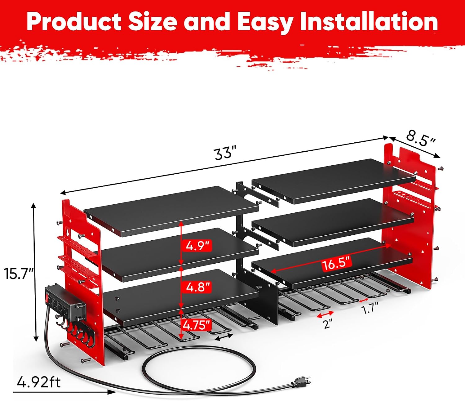 POKIPO Large Power Tool Organizer Wall Mount with Charging Station, 4 Layer Heavy Duty Metal Tool Storage Shelf Supports 600lbs, Battery Utility Rack with 4 Outlet Power Strip and 8 Cordless Drill Holders