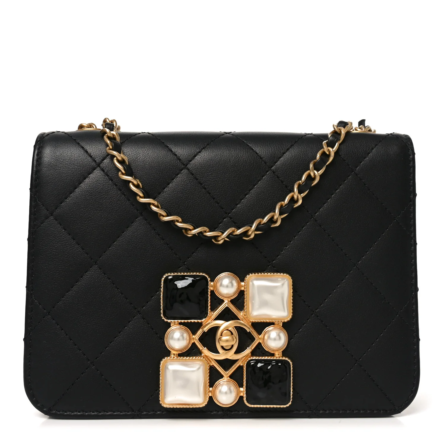 Calfskin Quilted Crystal Pearl Small Flap Bag Black