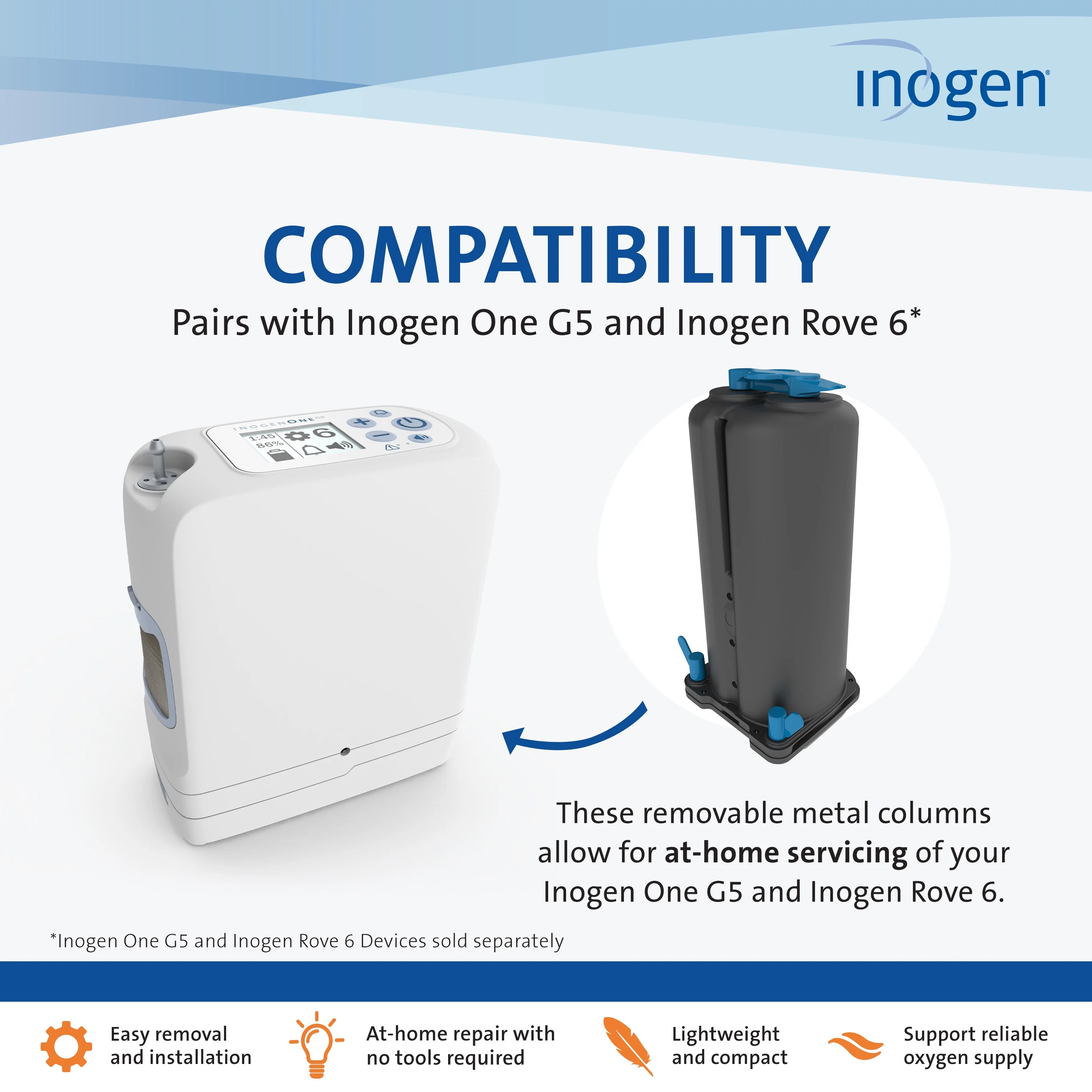 Inogen Replacement Column Pair - Inogen Rove 6/Inogen One G5 - Oxygen Accessories - Two Removable Metal Columns - 1.19 lb., 2.90 In. W x 3.04 In. L x 6.55 In. H