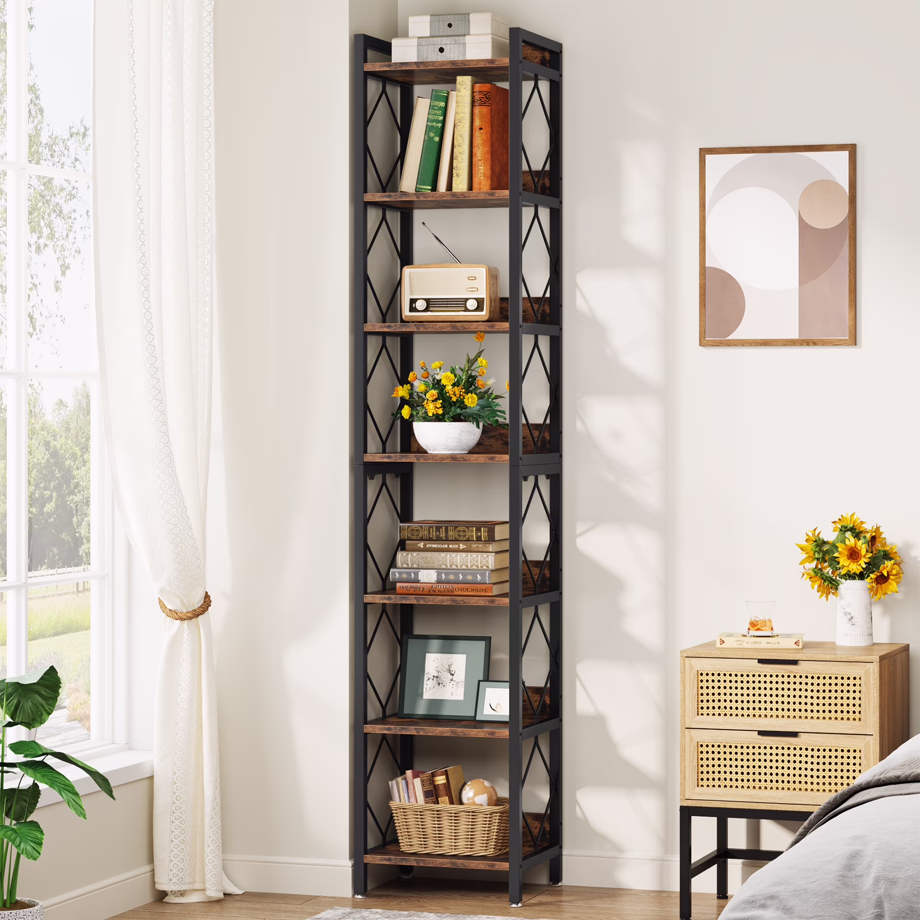 78.7 Inches Tall Narrow Bookshelf, Freestanding 7-Tier Bookcase, Skinny Corner Storage Organizer for Home Office(Rustic Brown)