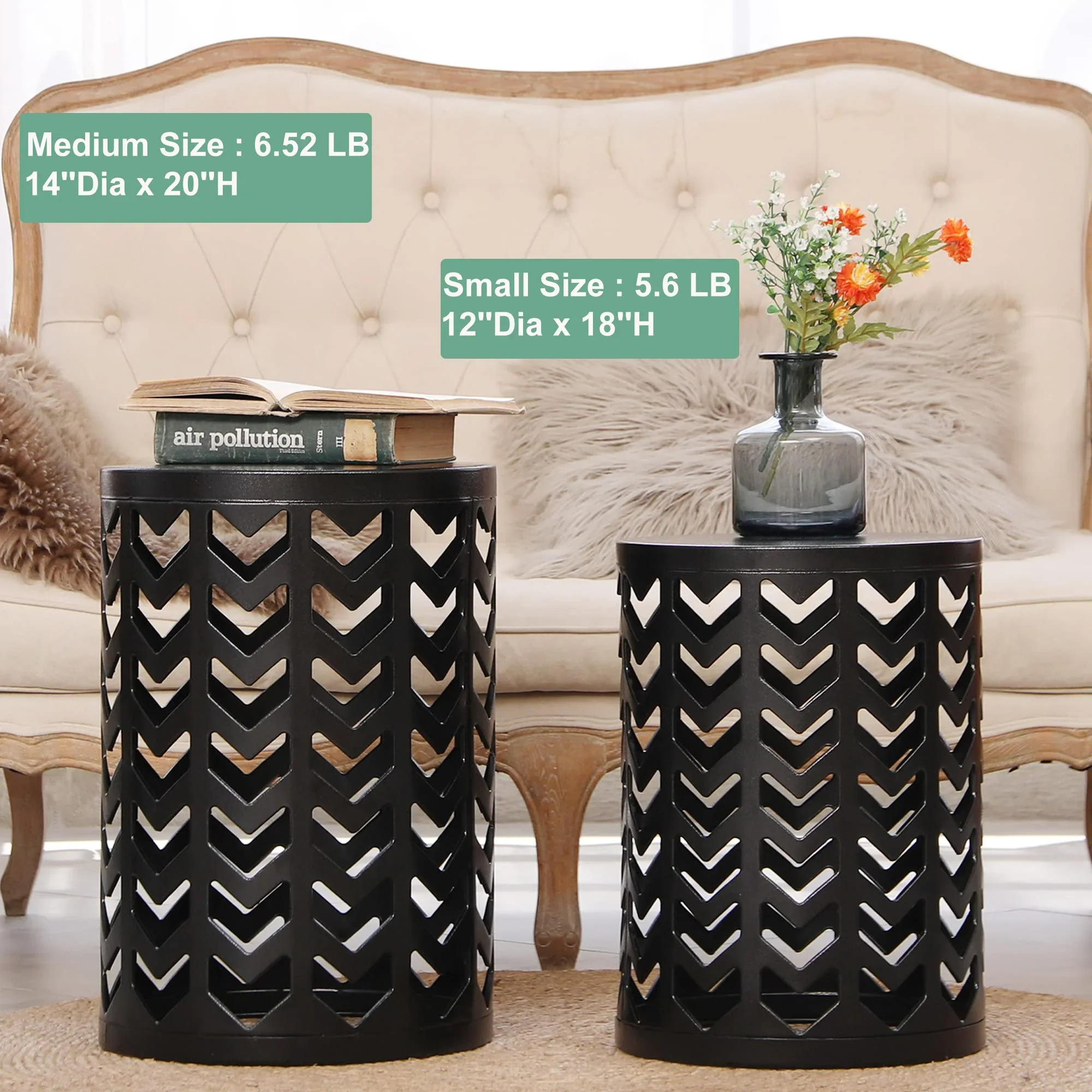 Y&M Set of 3 Nesting Metal Round Coffee Table, Side Table End Table for Indoor Outdoor Multifunctional Use,Heavy Duty Metal Plant Stand Garden Stool- Black