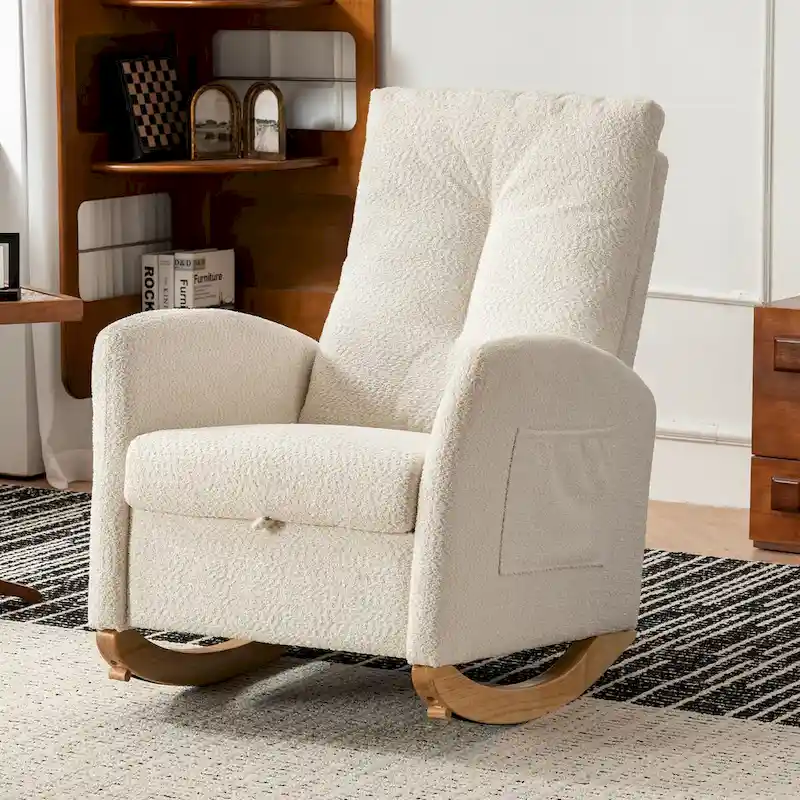 Upholstered Rocking Chair with High Back and Side Pocket