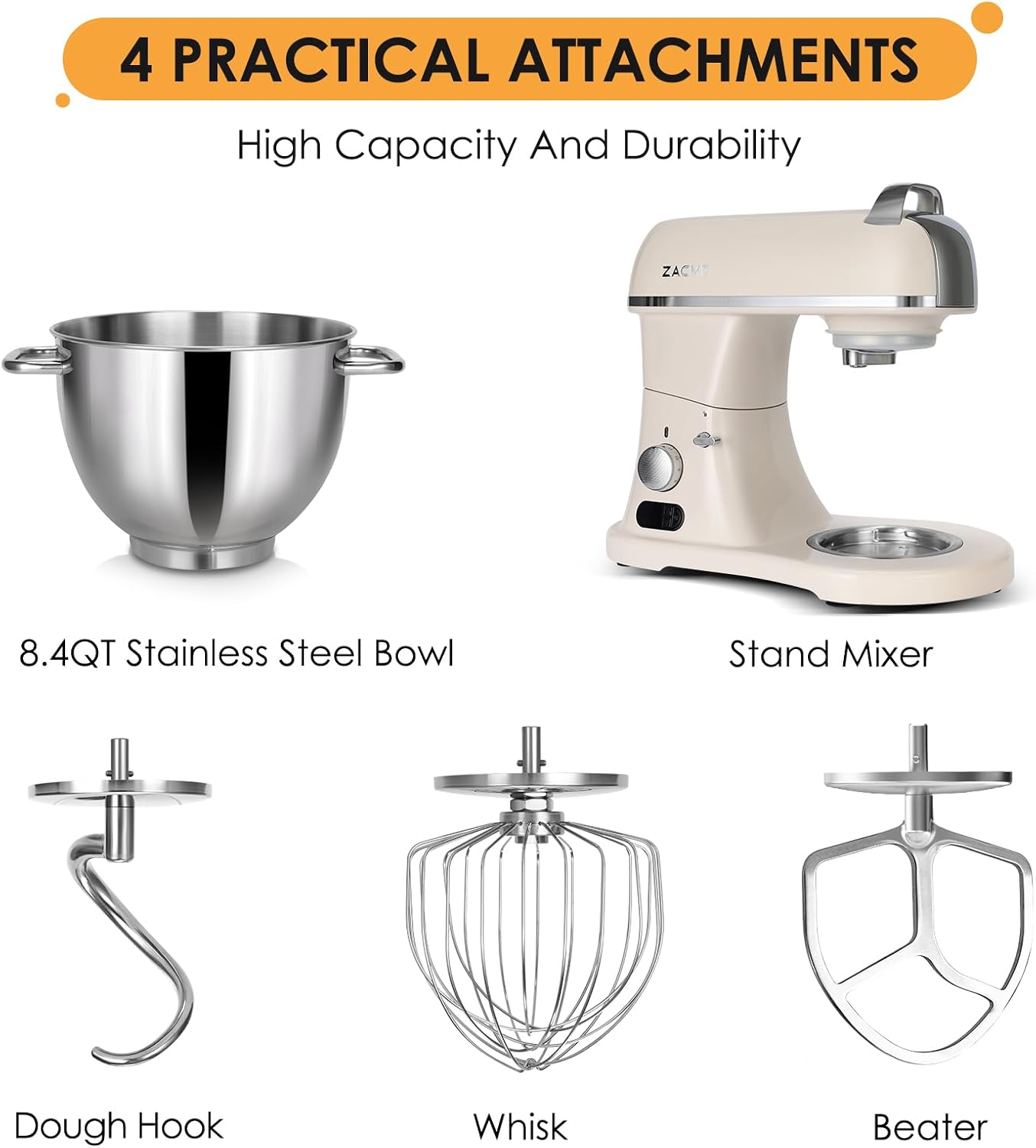 8.4QT Commercial Stand Mixer 800W with Aluminum Die Casting Meets the Standard of NSF/ANSI 8-2023, Electric Kitchen Stand Mixer with Stainless Steel 8L Bowl, Dough Hook, Whisk and Beater