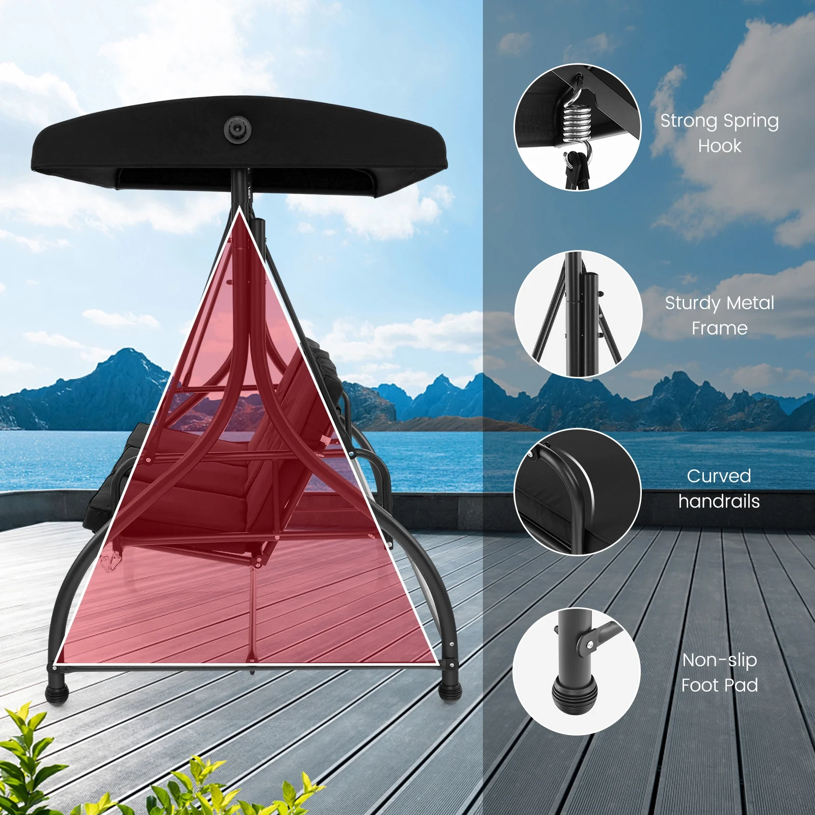 3-Seat Outdoor Converting Patio Swing Glider Adjustable Canopy Porch Swing Black(Black) - Image 10