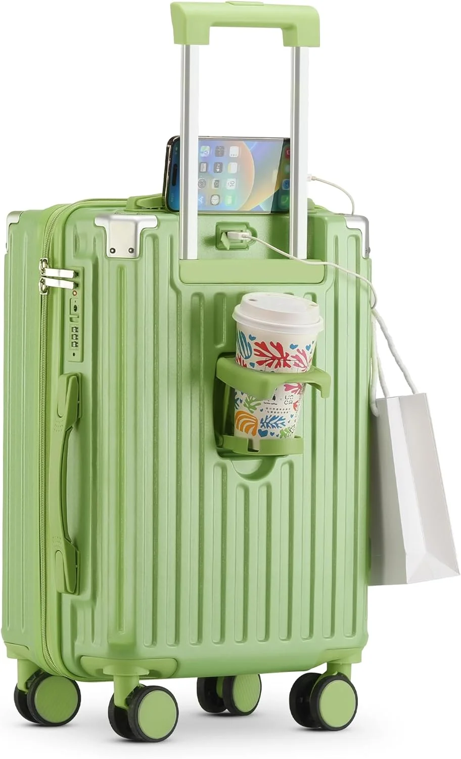 20 Inch Carry On Luggage With Cup Holder USB Port, Airline Approved TSA-locked Luggage, Lightweight PC Material Travel Suitcase With 360�� Spinner Wheel(20in-White/20in) - Image 7