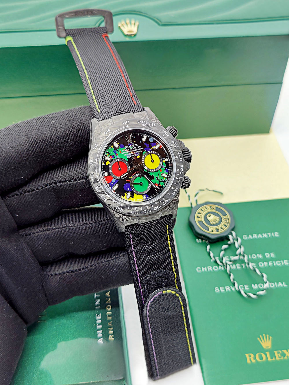 [Super Clone]Rolex Daytona DIW Carbon Motley Multicolour Dial Super Clone Swiss Replica Watch | Custom Made Limited Edition | 4130 Swiss Movement