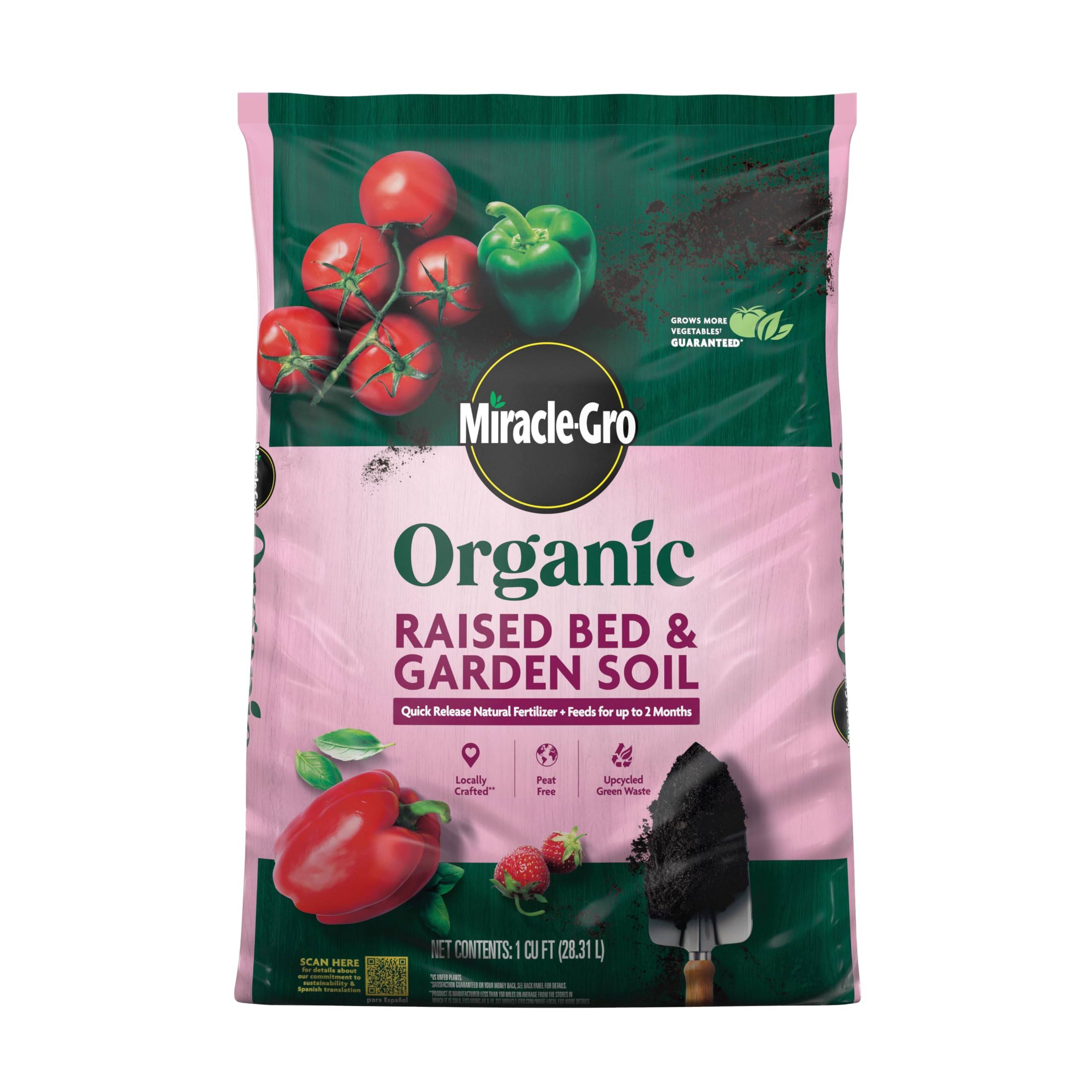 Miracle-Gro Organic Raised Bed & Garden Soil with Quick Release Natural Fertilizer, Peat Free, 1 Cu. ft.