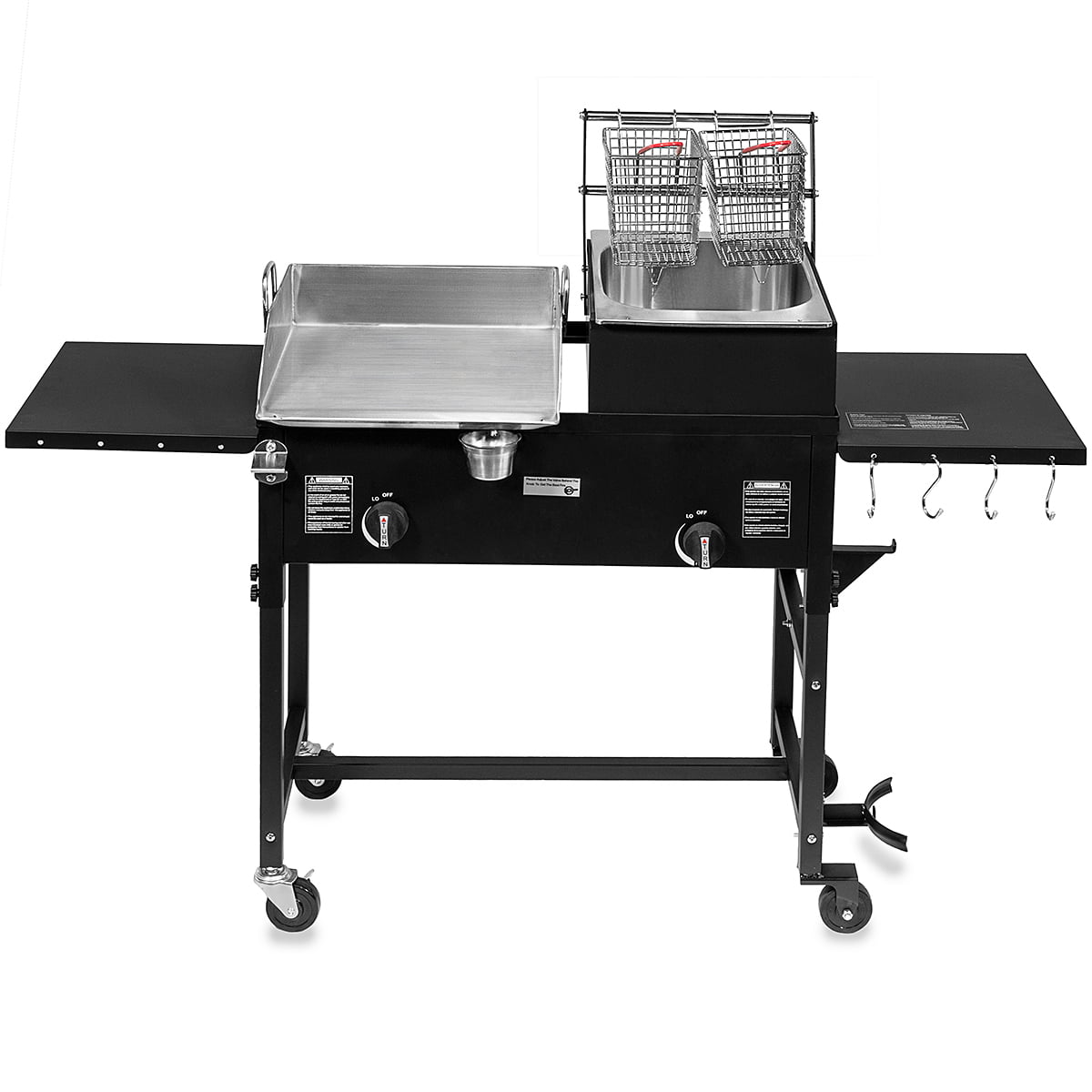 58.000 BTU Outdoor Gas Propane Double Burner Stove Cook Station Flat Top Griddle & Deep Fryer BBQ Grill Camp Side Table