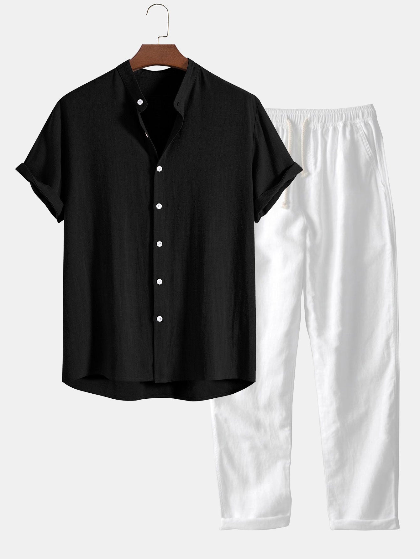 Chemise à col montant et pantalon droit en lin mélangé et rayonne