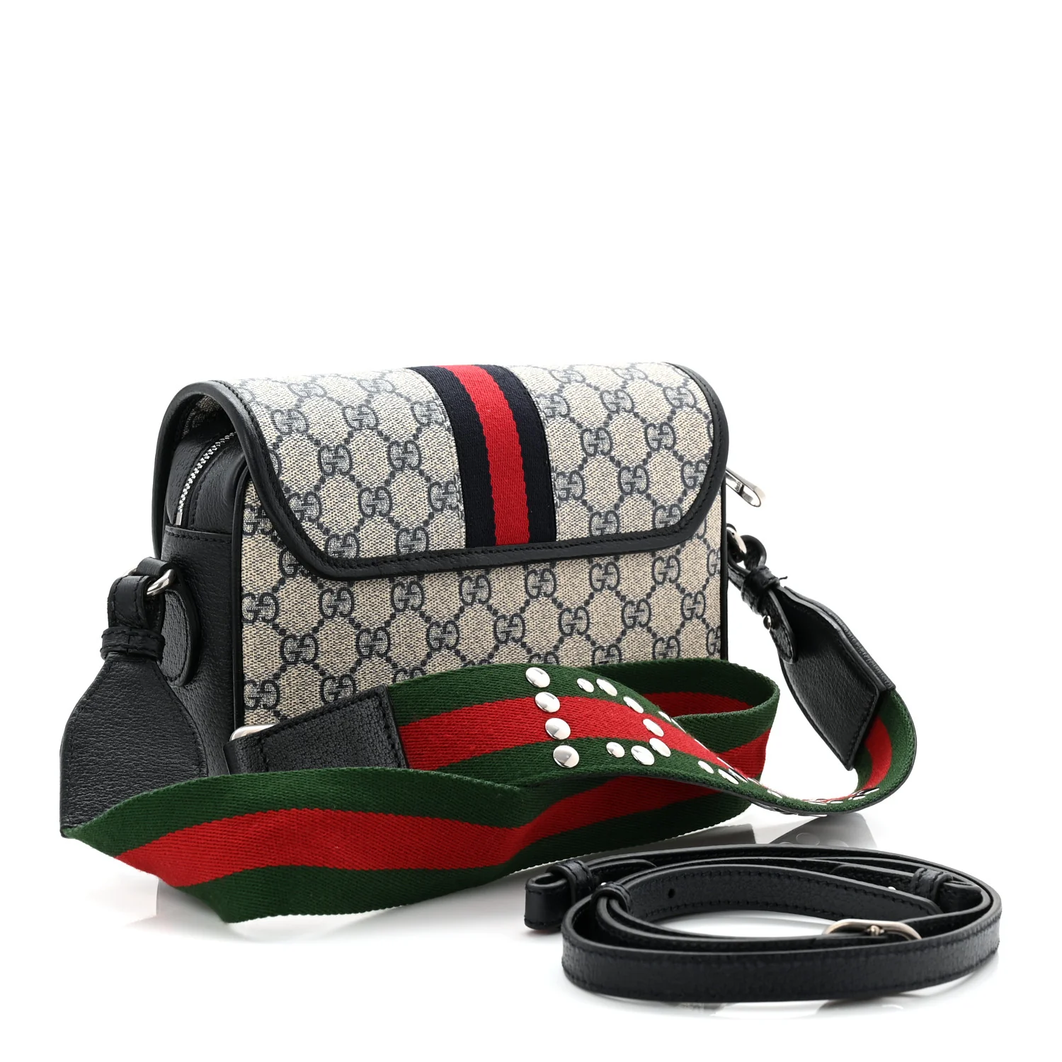 GG Supreme Monogram Textured Dollar Calfskin Web Studded Mini Ophidia Flap Shoulder Bag Beige Blue