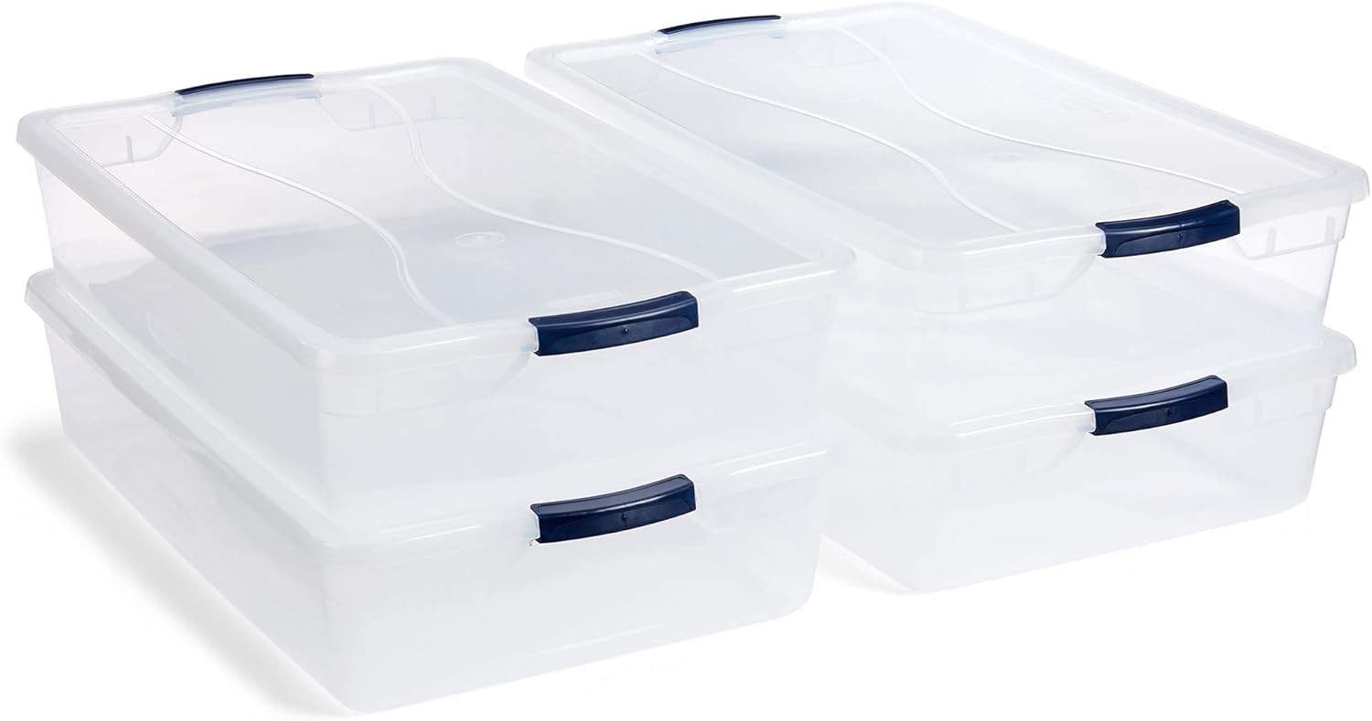 Rubbermaid Cleverstore 42 Quart Stackable Plastic Storage Container Organizer Bin with Latching Lids for Garage, Closet, and Classroom, Clear, 4 Pack