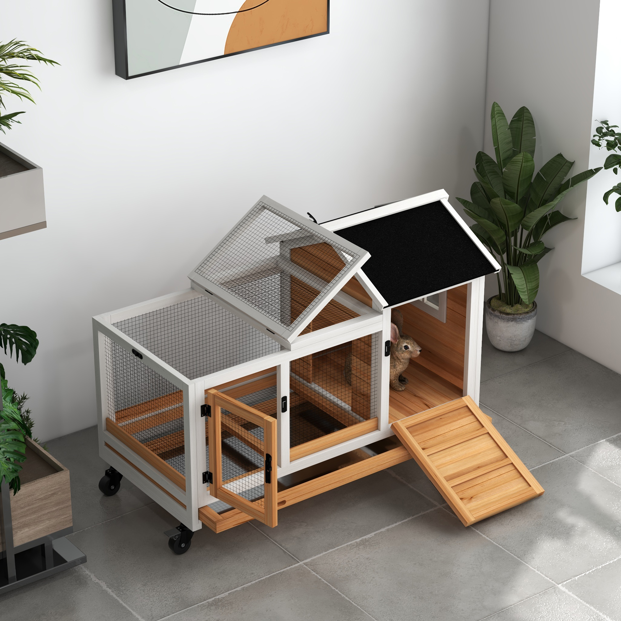 PawHut Konijnenhok voor Dwergkonijnen, Cavia's, met Wielen, 108 x 58 x 73,5 cm, Geel