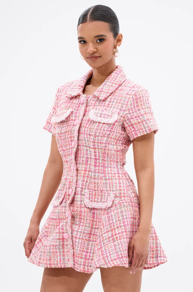 TAKE NOTES TWEED MINI DRESS IN PINK - Akira Store
