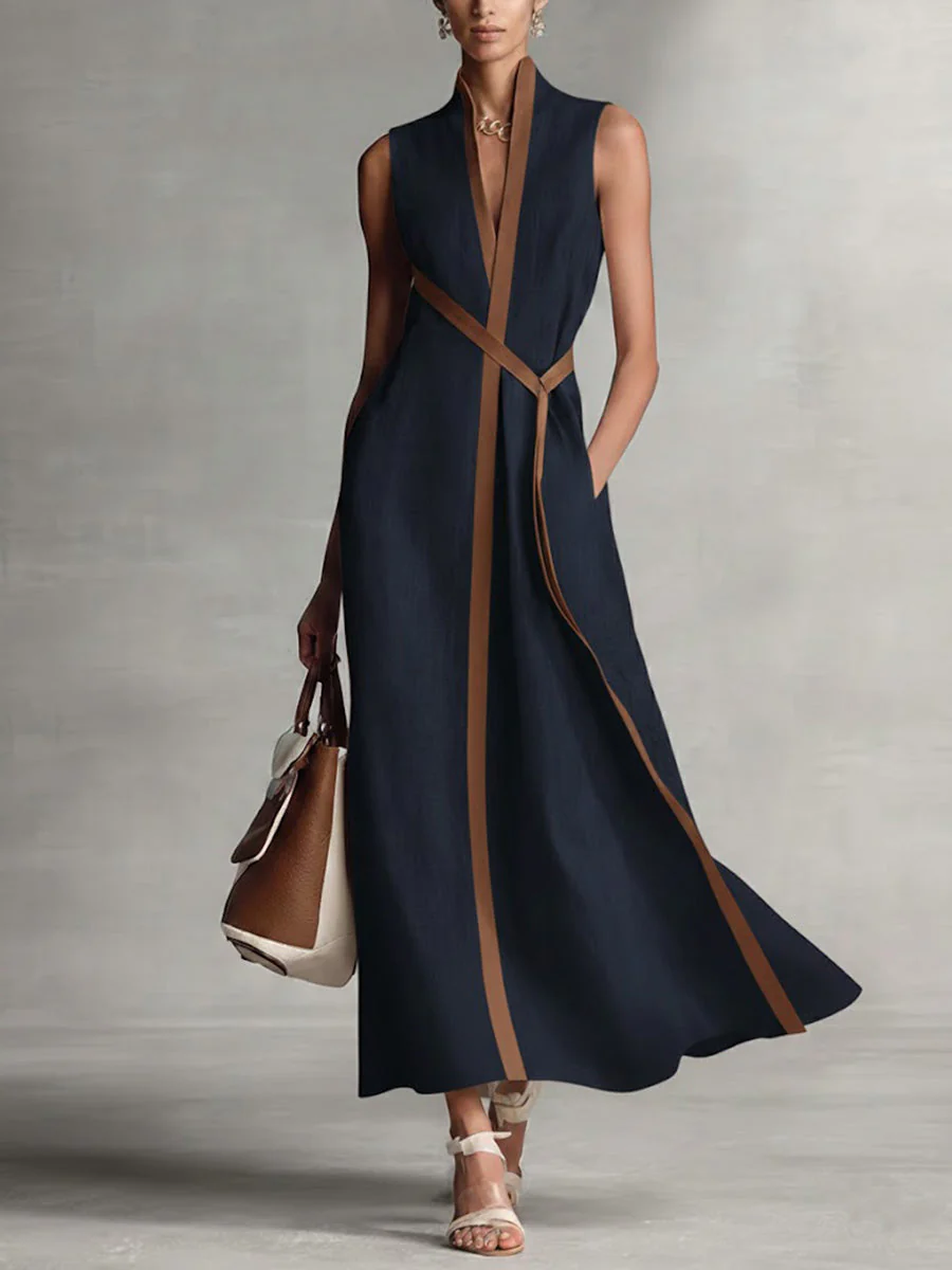 Robe décontractée sans manches à col montant en coton et lin pour femmes