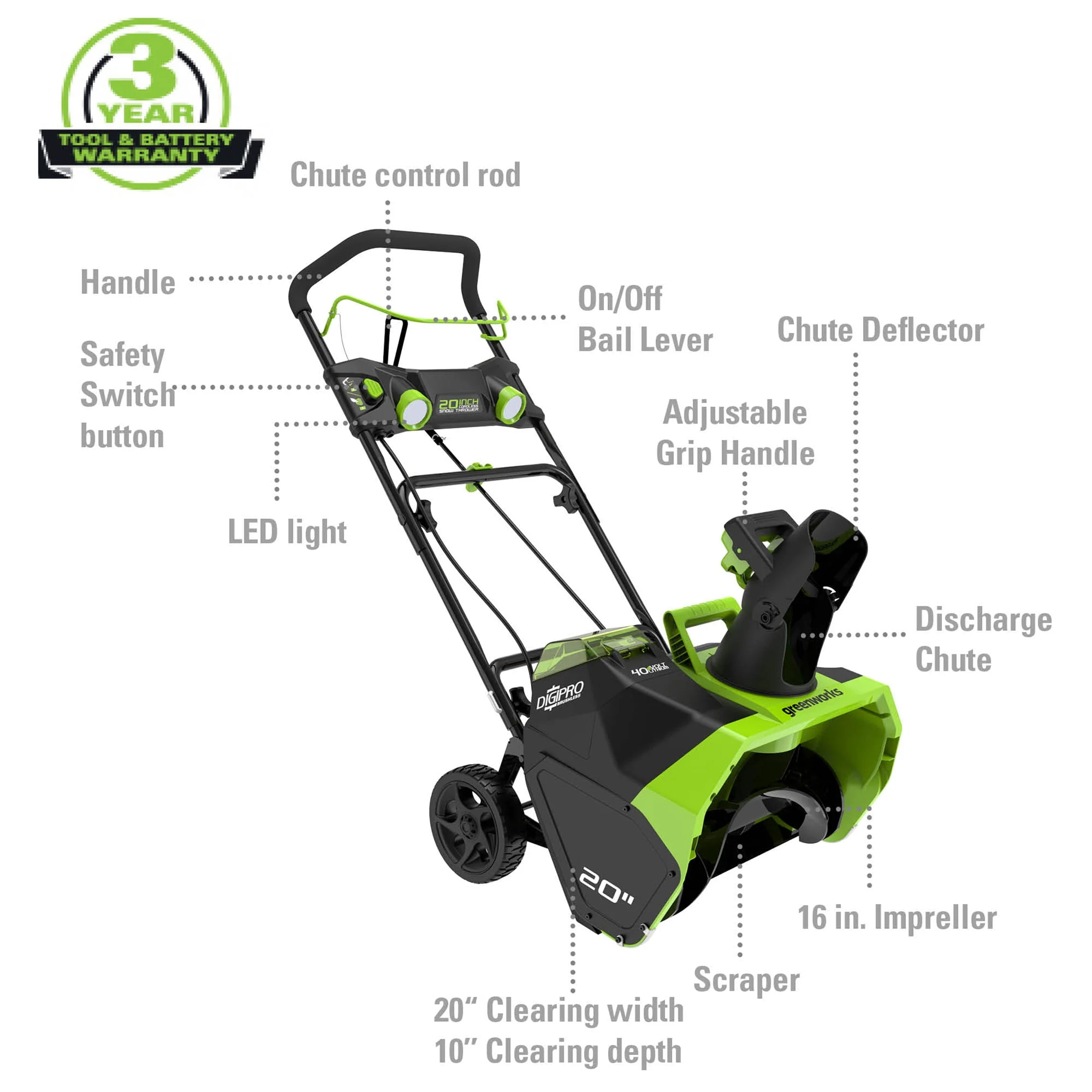 Greenworks 40V 20 inch Brushless Snow Thrower, Battery Not Included, 2601102 Image 2