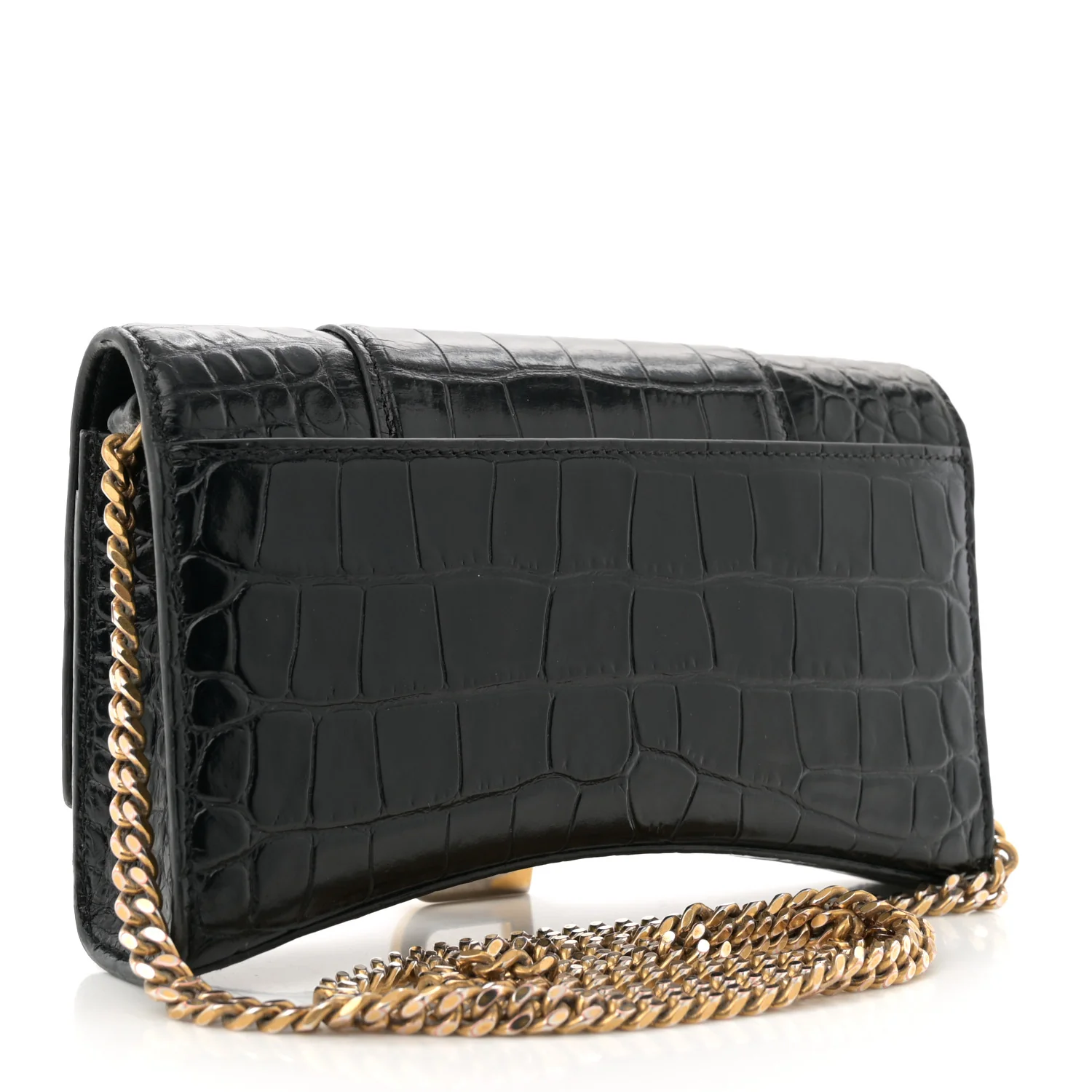 Shiny Calfskin Crocodile Embossed Hourglass Chain Bag Black