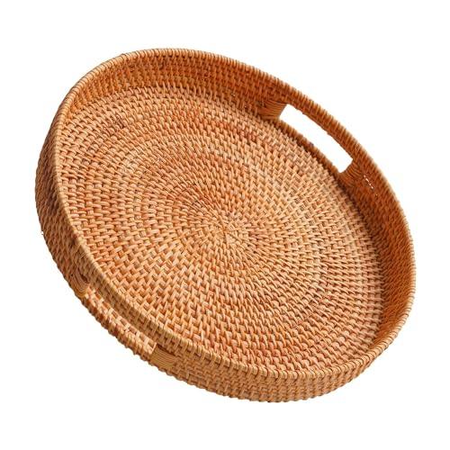 – Round Rattan Tray Natural Rustic & Sturdy Wicker Tray With Cut-Out Handles - Hand Woven Tray For Storage & Decoration –Lightweight Tray For