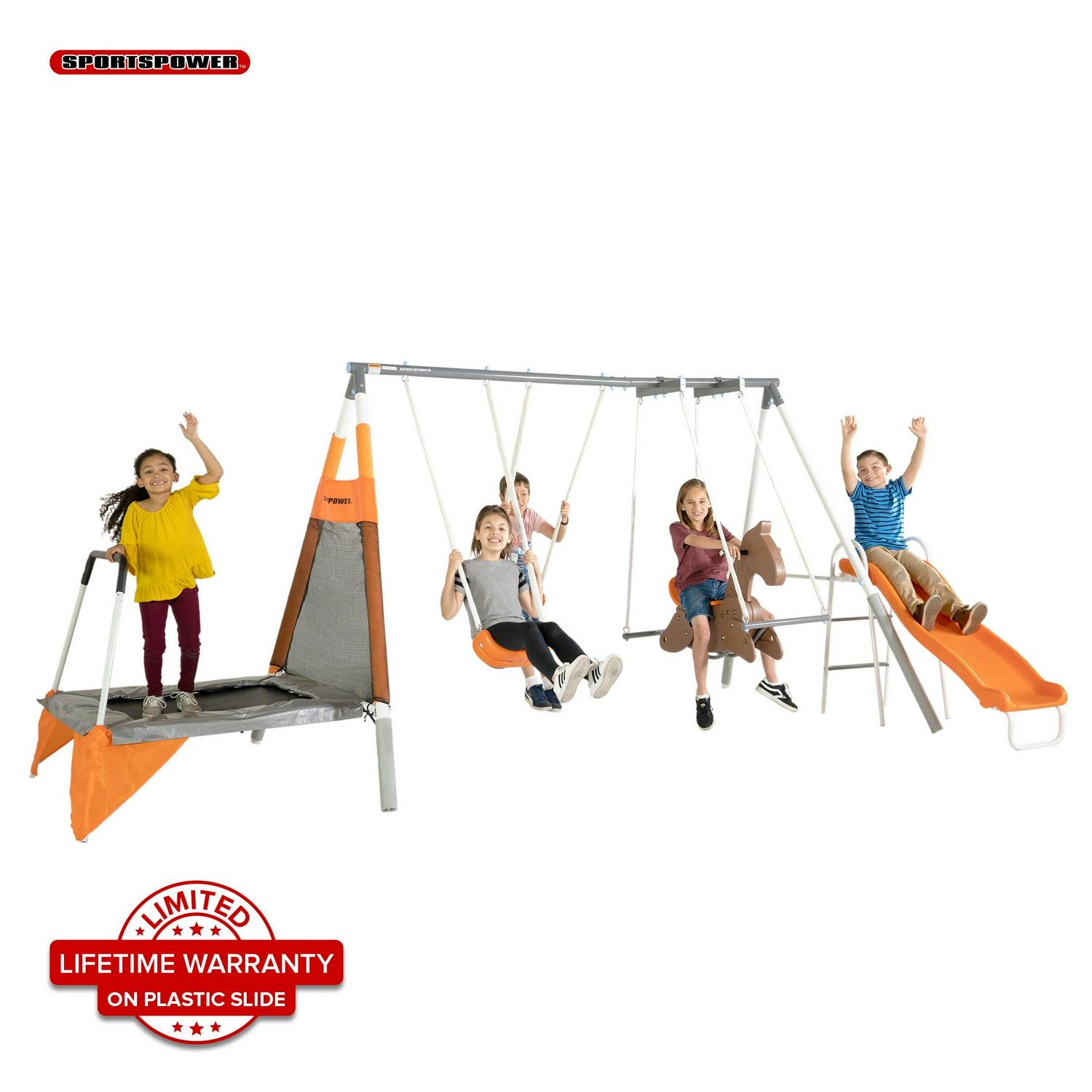 Fairview Swing Set with 2 Swings. Rocking Horse. Mini Trampoline. Lifetime Warranty on Blow Molded Slide. and Bonus Anchor Kit