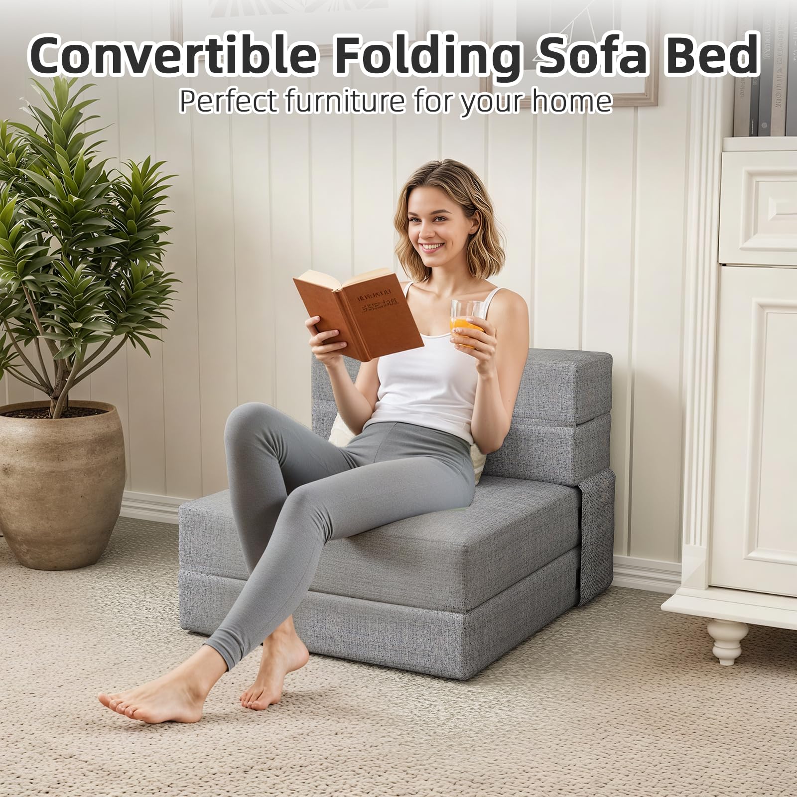 AECOJOY Convertible Folding Sofa Bed, Linen Futon Sleeper with Pillow Foldable Mattress