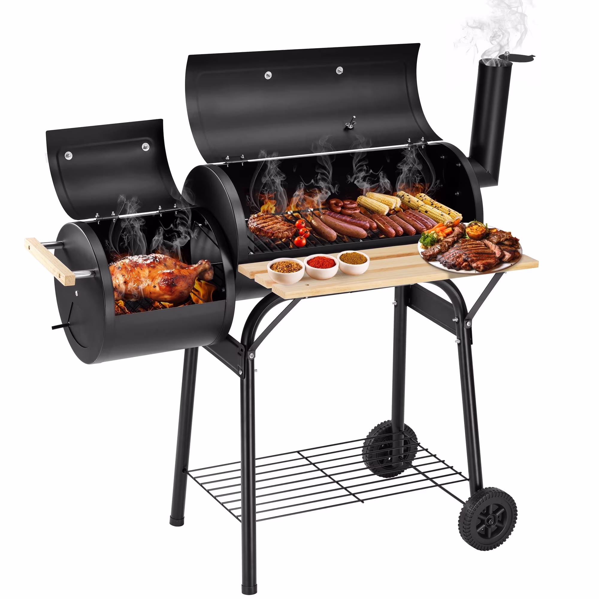 44" Portable Charcoal Grill, with Offset Smoker, Wood Shelf, Thermometer, Wheels, Charcoal BBQ Grill for Outdoor Picnic, Patio, Backyard, Camping, JA1170(Black 01)