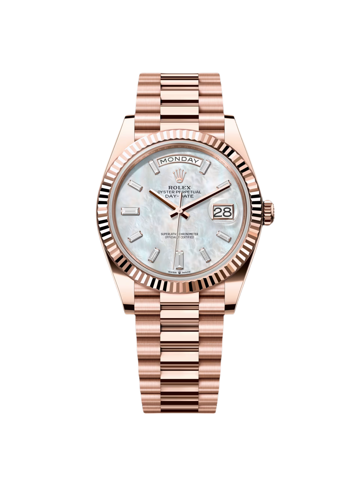 【Super Clone】RLX Day-Date President 40mm Everose Gold Mother of Pearl Diamond Baguette Dial - 228235