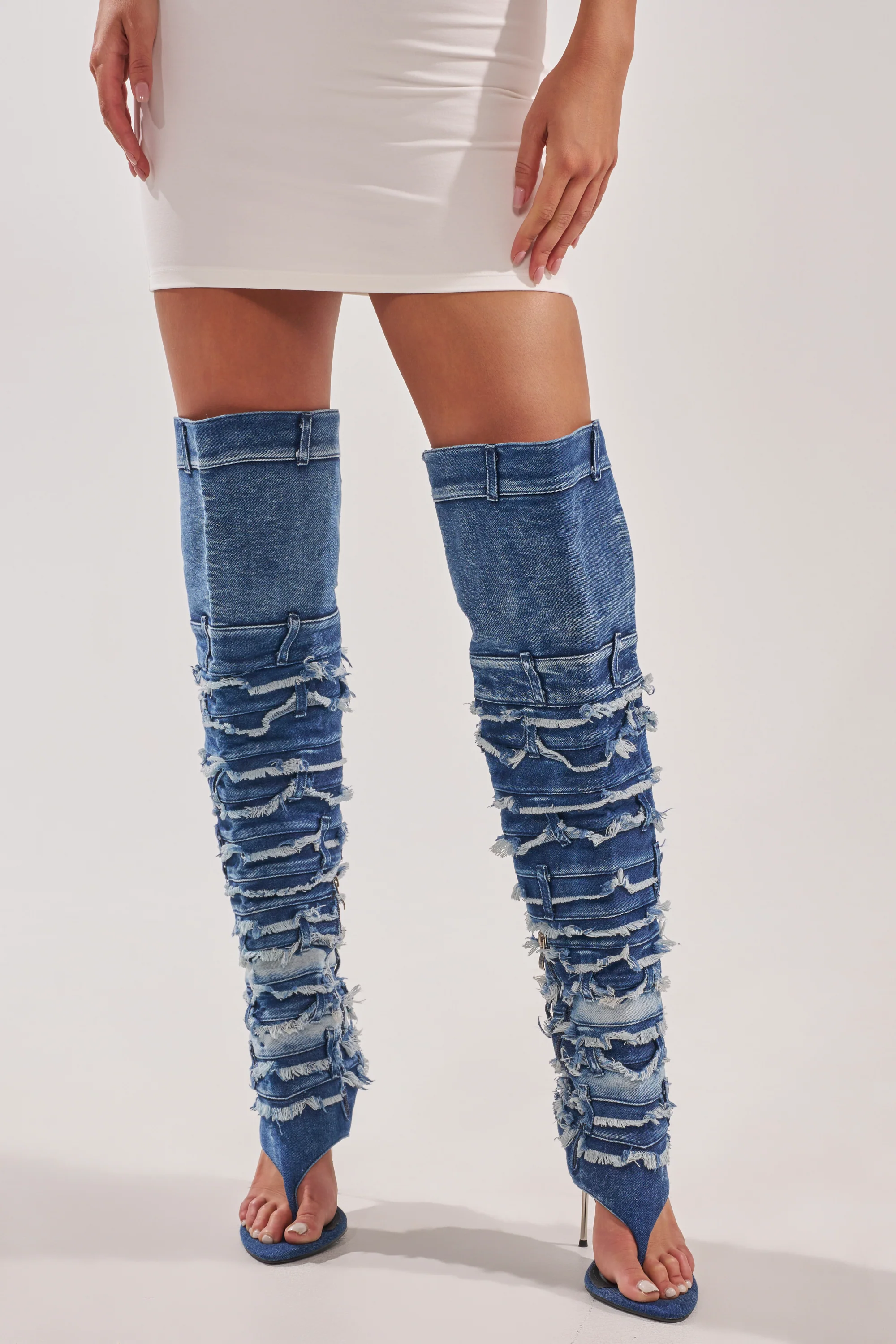AZALEA WANG SENA DENIM STILETTO OPEN TOE BOOT - Akira Store