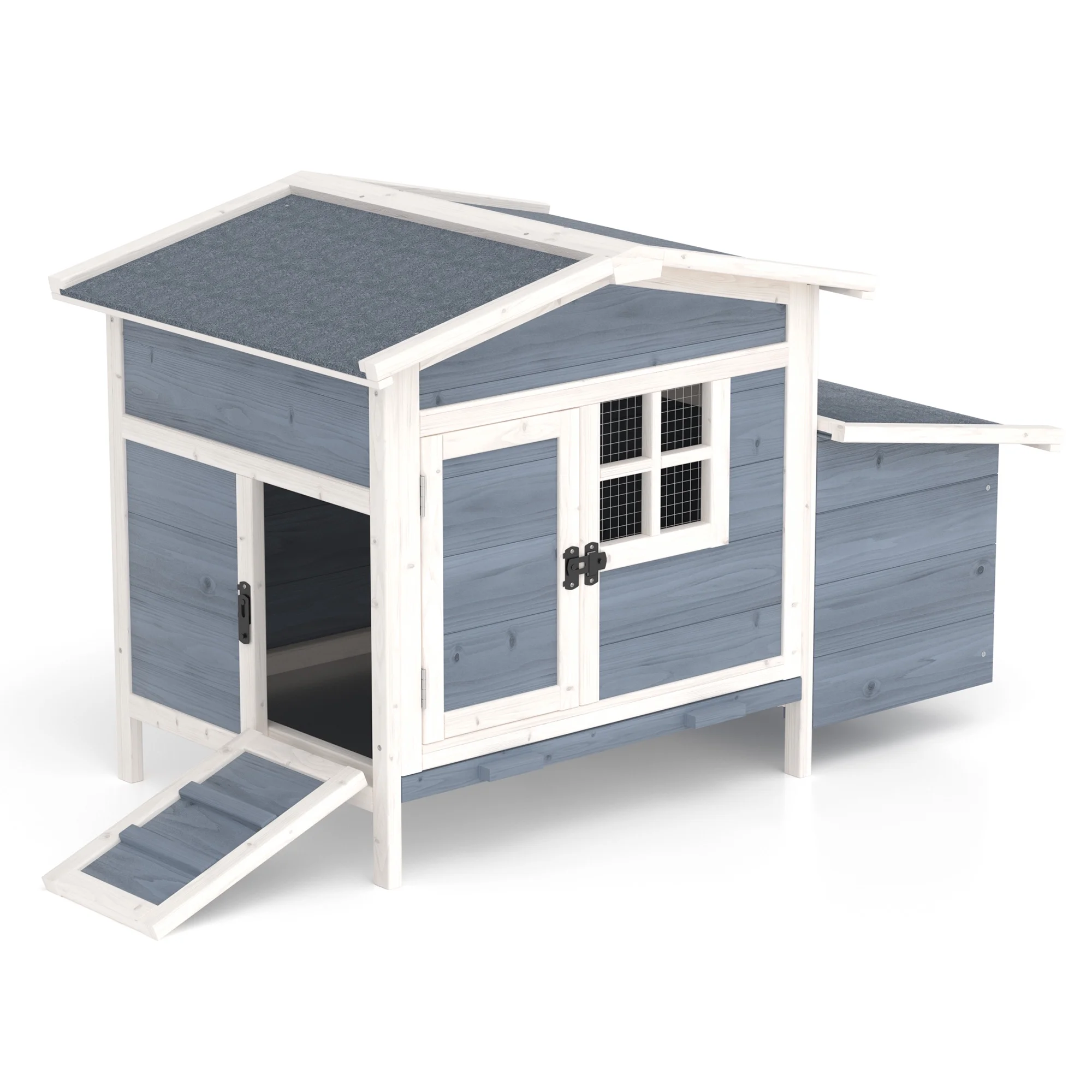 Outdoor Chicken Coop Rabbit Hutch Wooden Hen House w/ Nesting Box Tray Poultry Cage for Outdoor Indoor(Gray) - Image 10