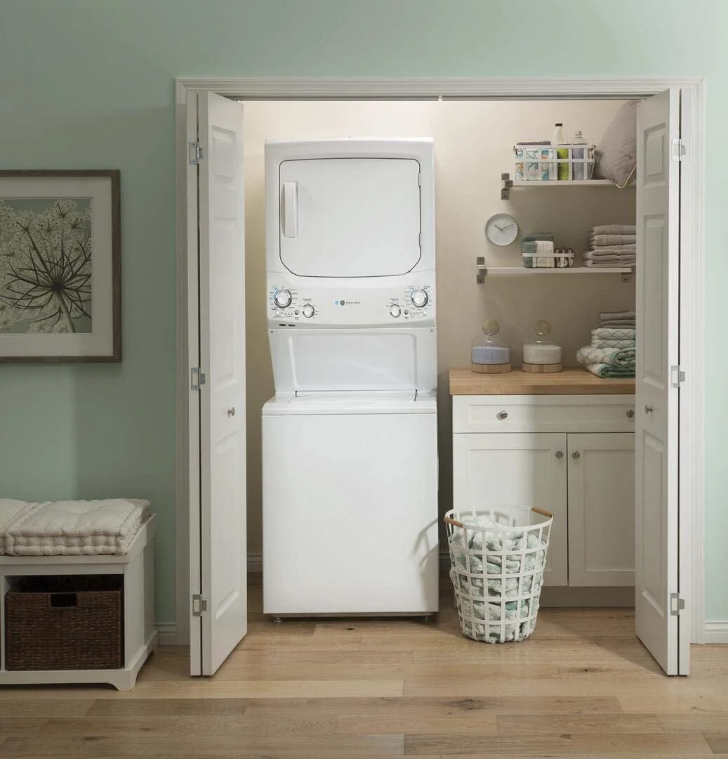 GE Unitized Spacemaker(R) ENERGY STAR(R) 3.9 Cu. Ft. Capacity Washer with Stainless Steel Basket and 5.9 Electric Dryer - GUD27EESNWW