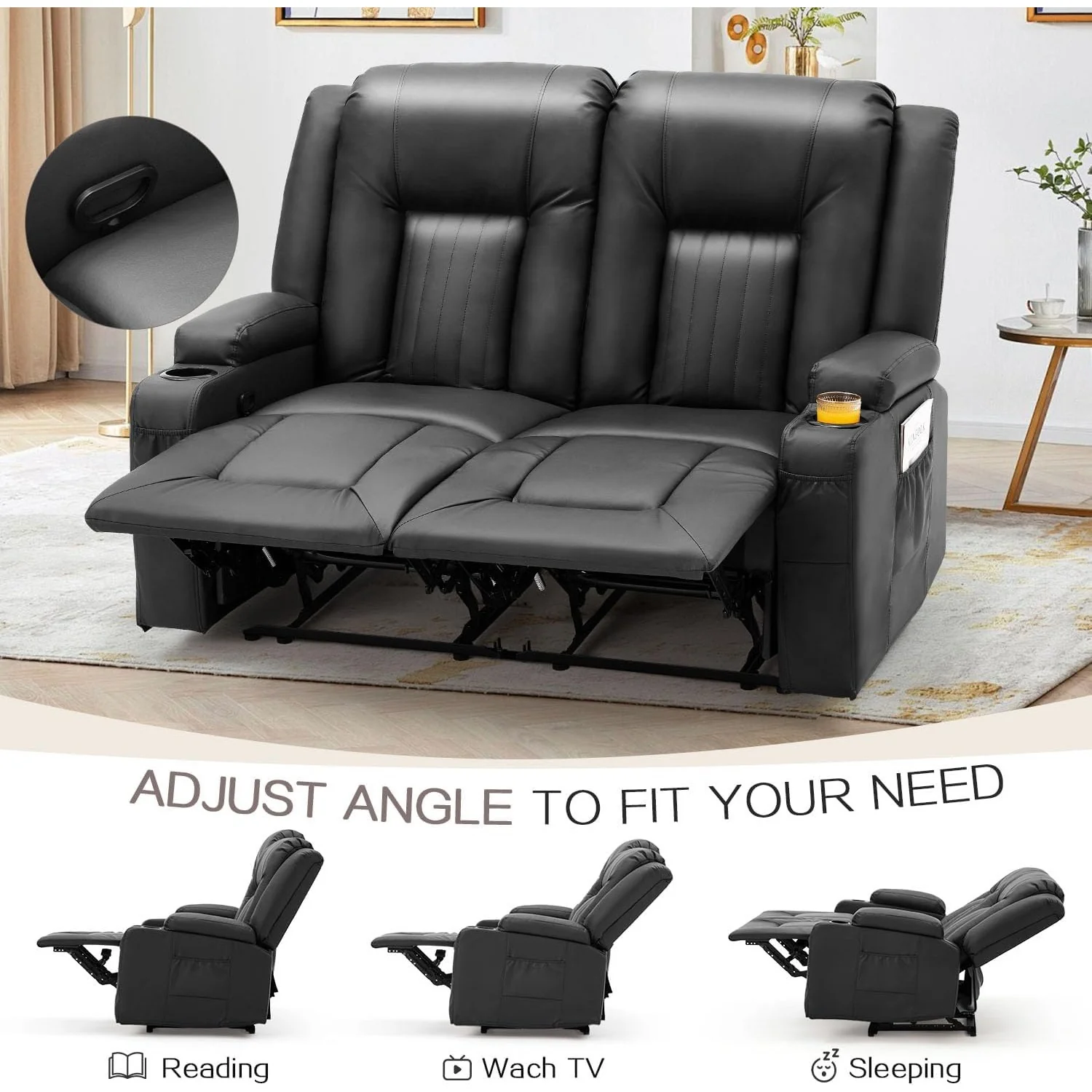 AECOJOY Loveseat Recliner with Cup Holders&Side Pockets, Black, 2